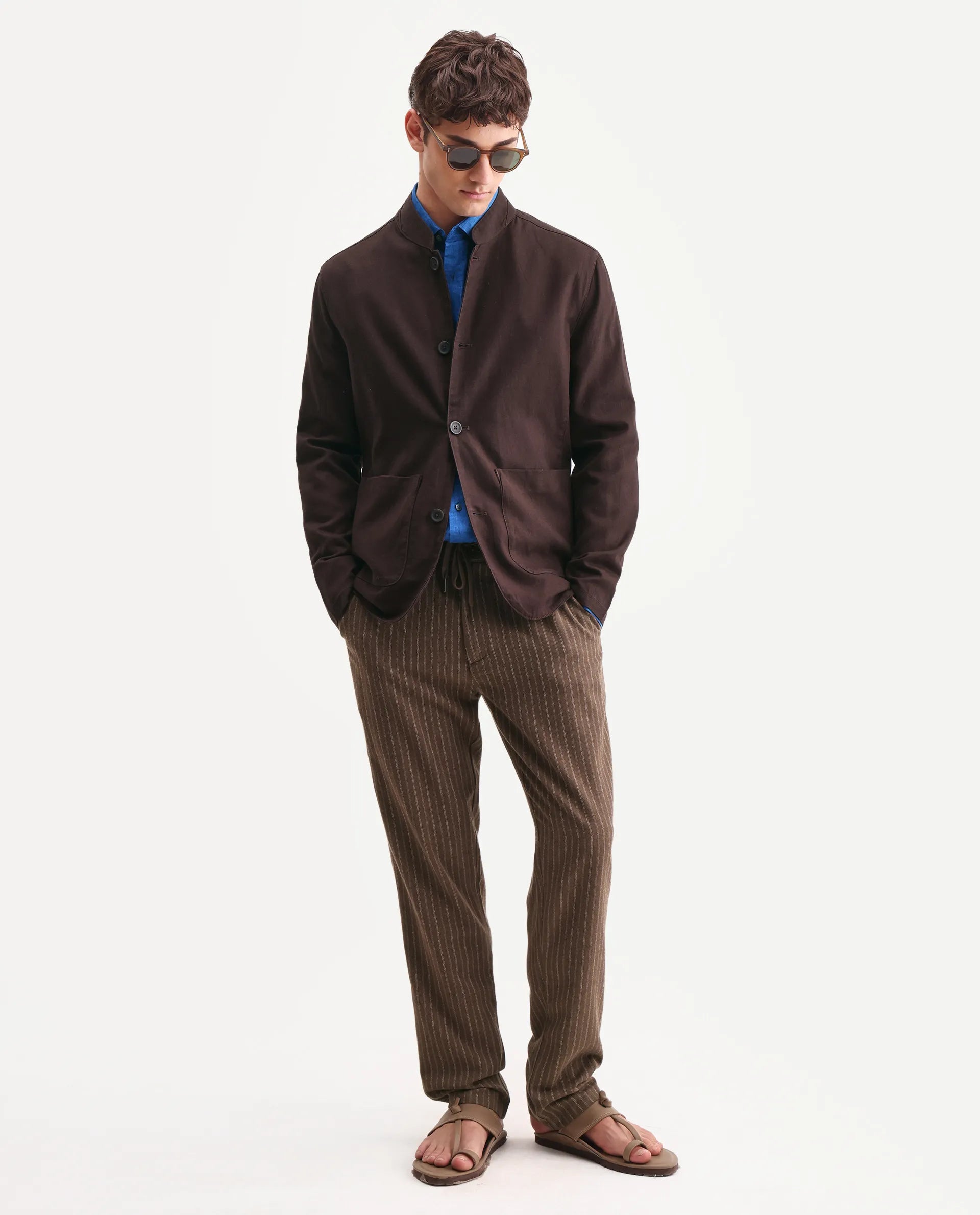 Rare Rabbit Men's Bela Dark Brown Linen Blend Fabric Mandarin Collar Neck Tailored Fit Coat