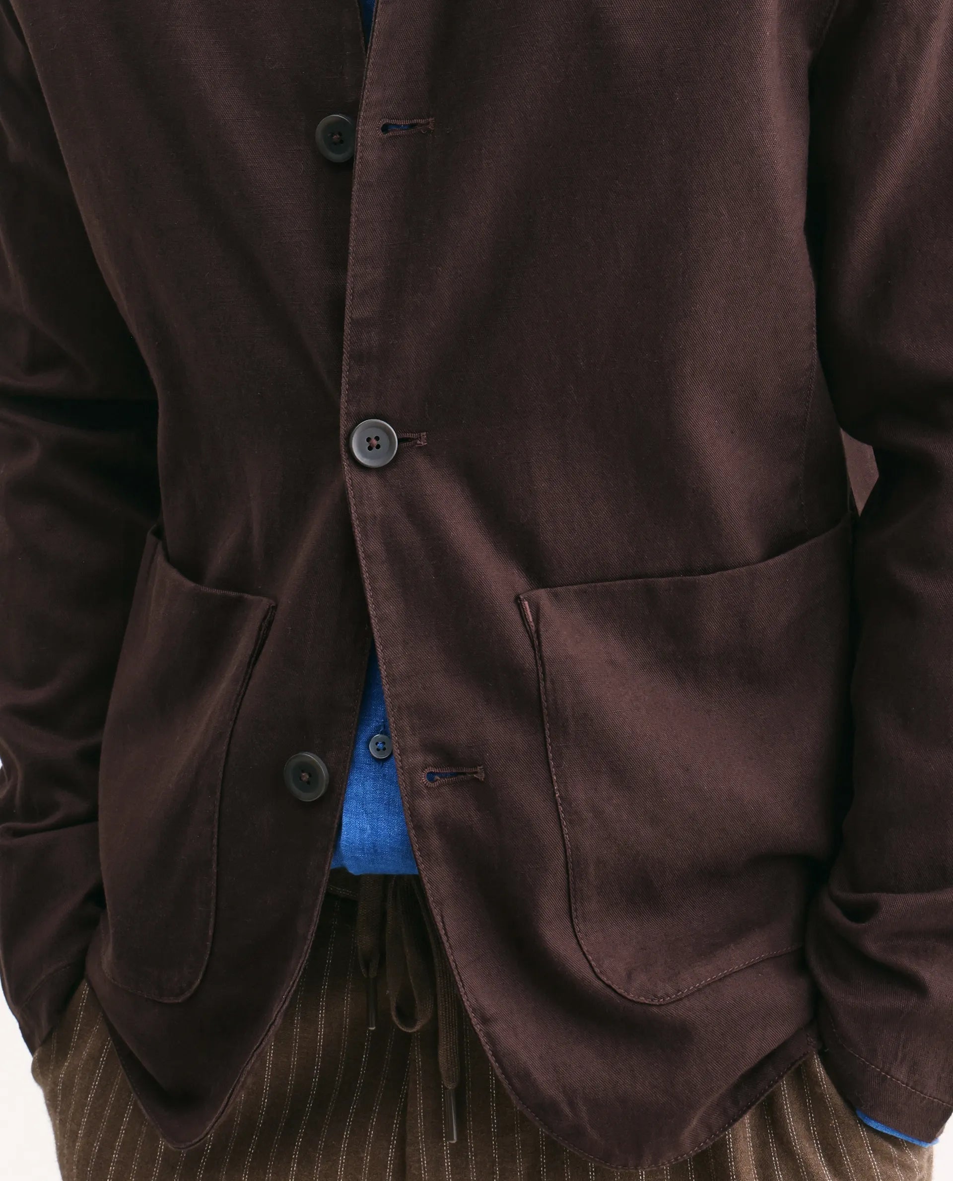 Rare Rabbit Men's Bela Dark Brown Linen Blend Fabric Mandarin Collar Neck Tailored Fit Coat