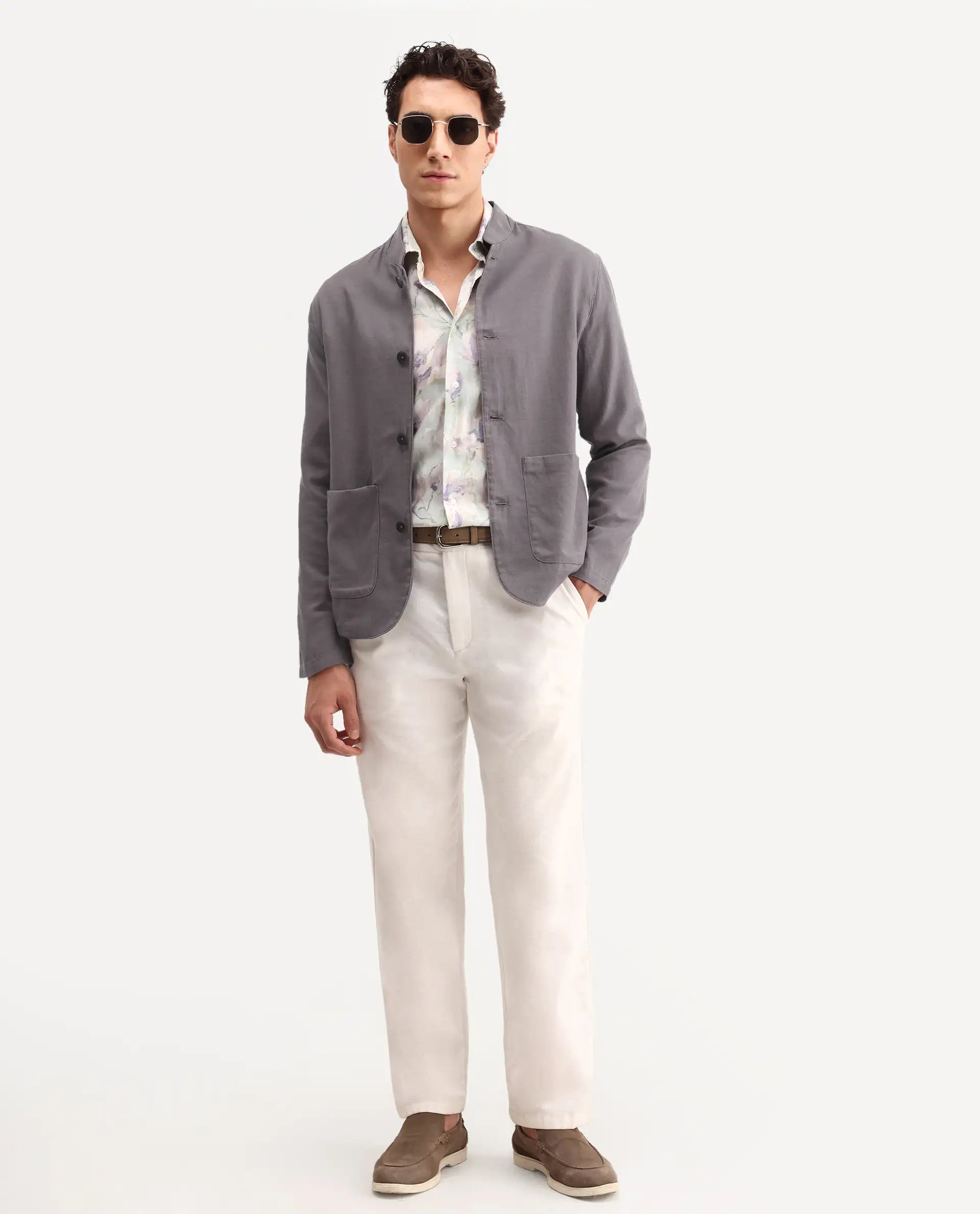 Rare Rabbit Men's Bela Dark Grey Linen Blend Fabric Mandarin Collar Neck Tailored Fit Coat