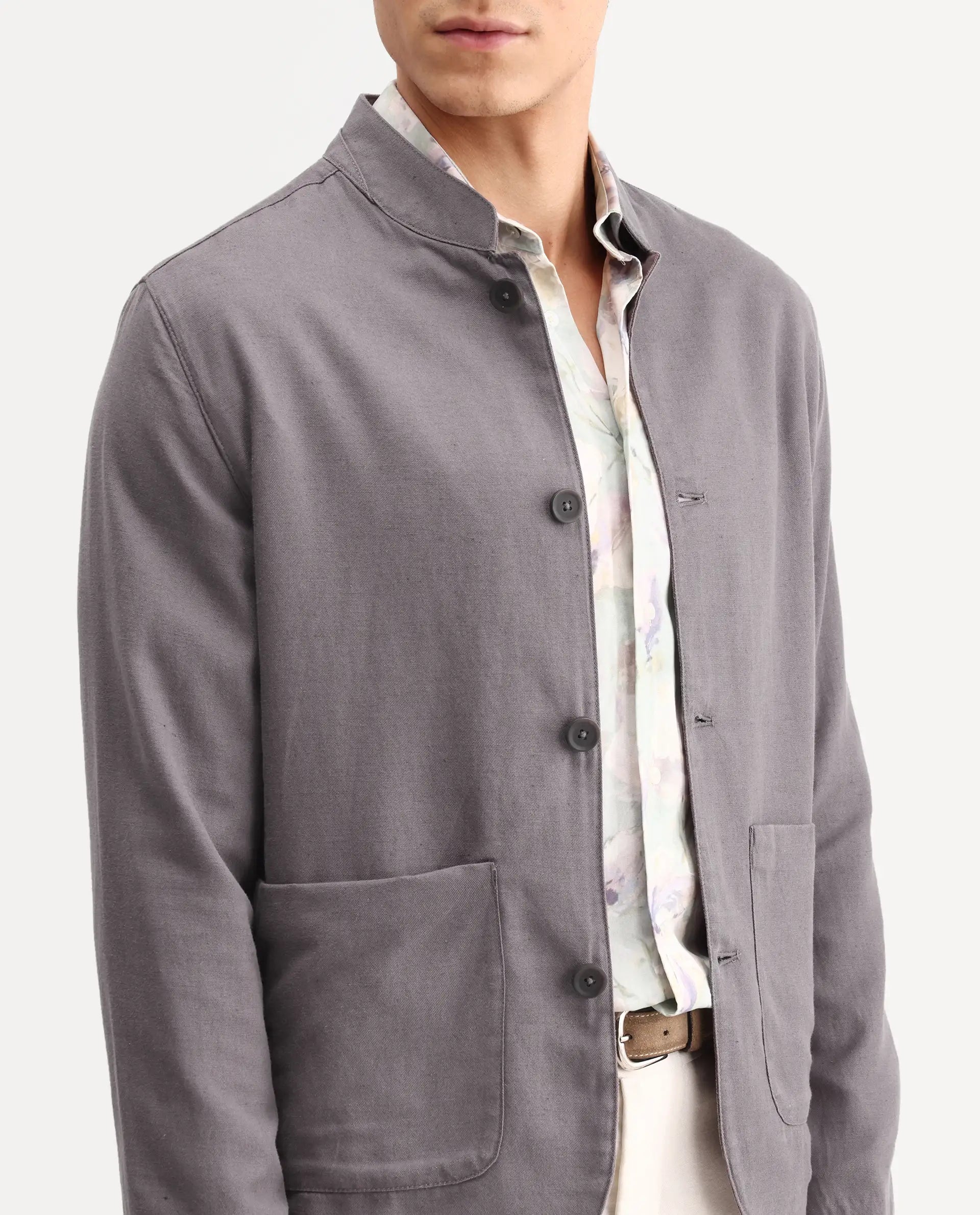 Rare Rabbit Men's Bela Dark Grey Linen Blend Fabric Mandarin Collar Neck Tailored Fit Coat