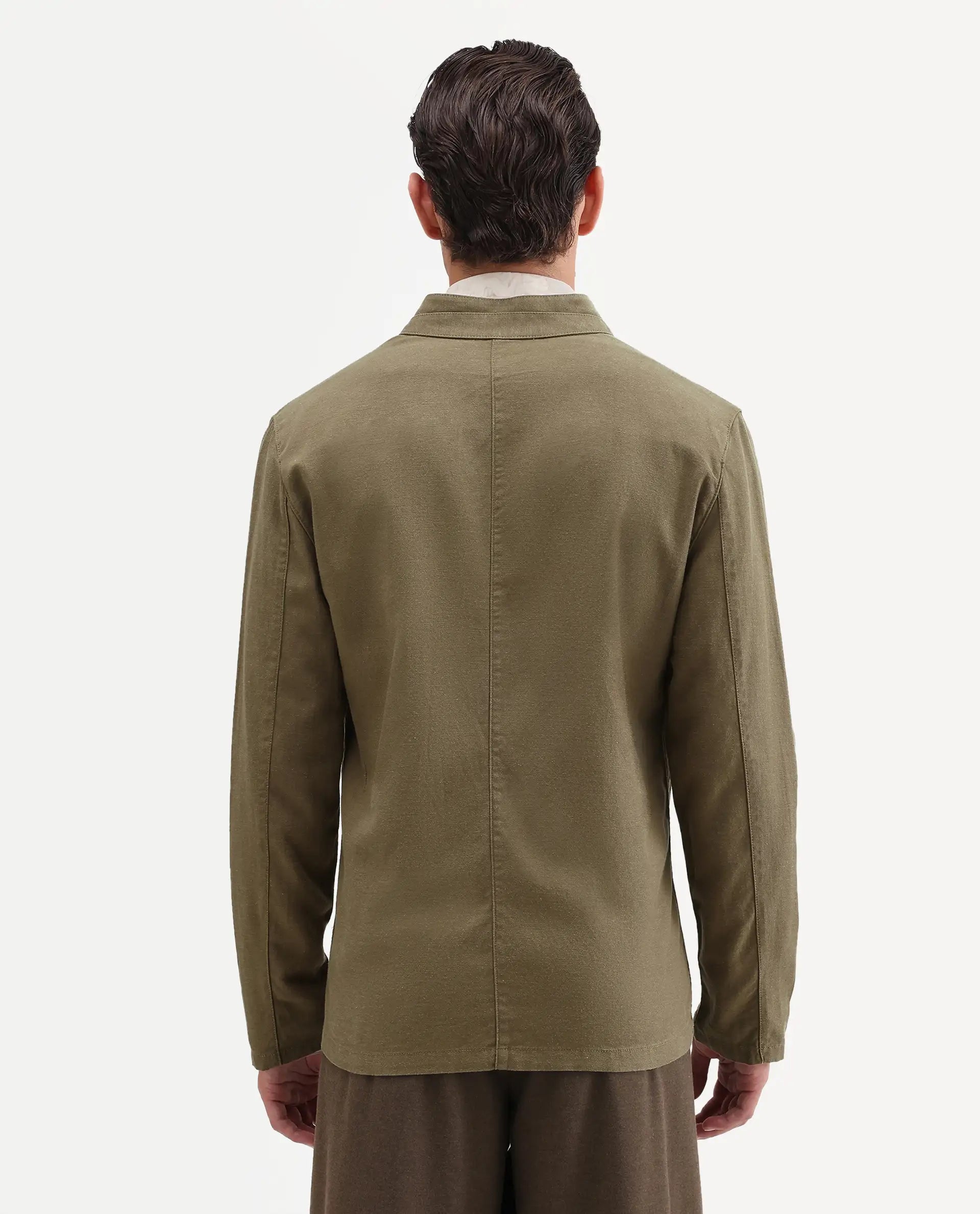 Rare Rabbit Men's Bela Khaki Linen Blend Fabric Mandarin Collar Neck Tailored Fit Coat