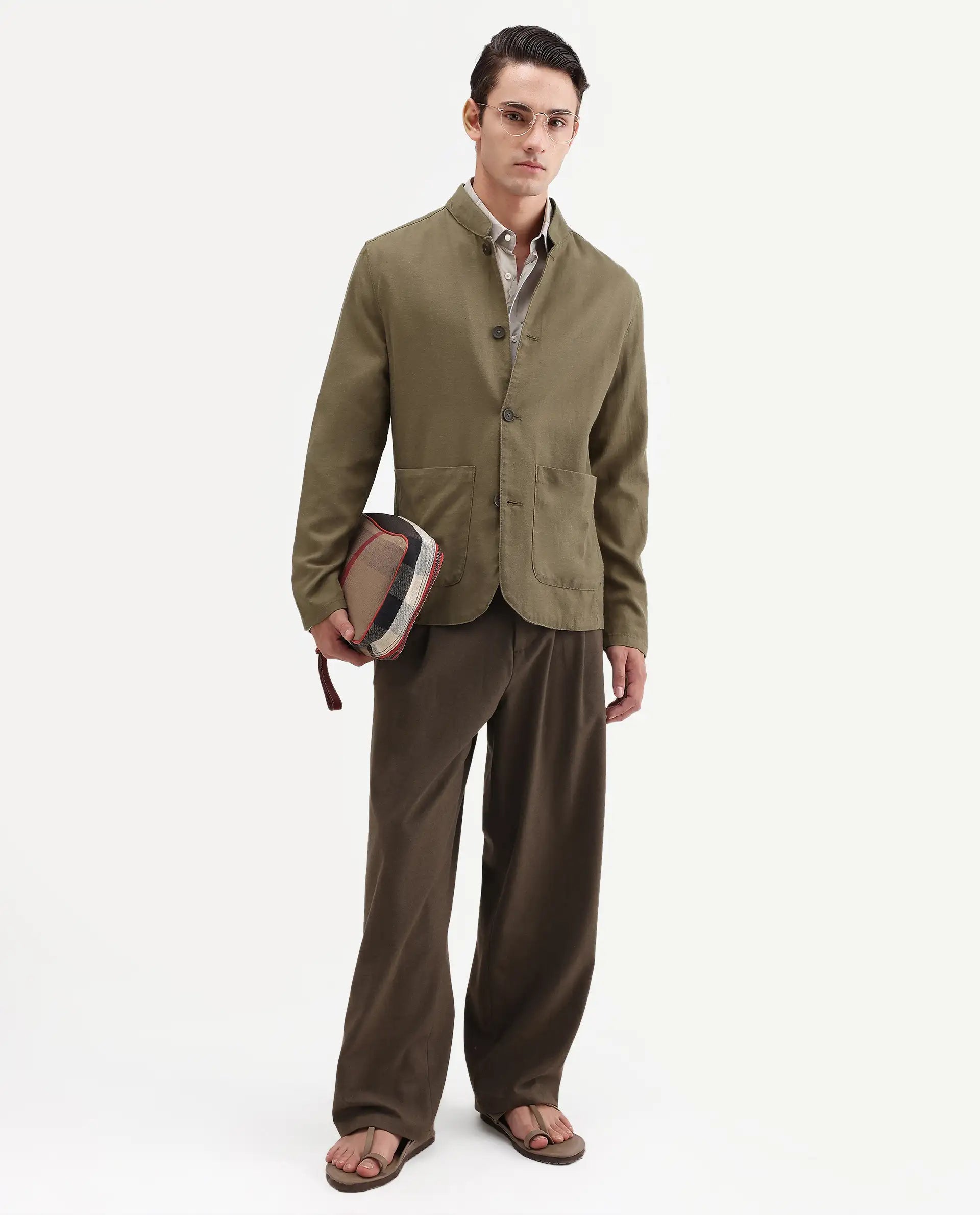 Rare Rabbit Men's Bela Khaki Linen Blend Fabric Mandarin Collar Neck Tailored Fit Coat