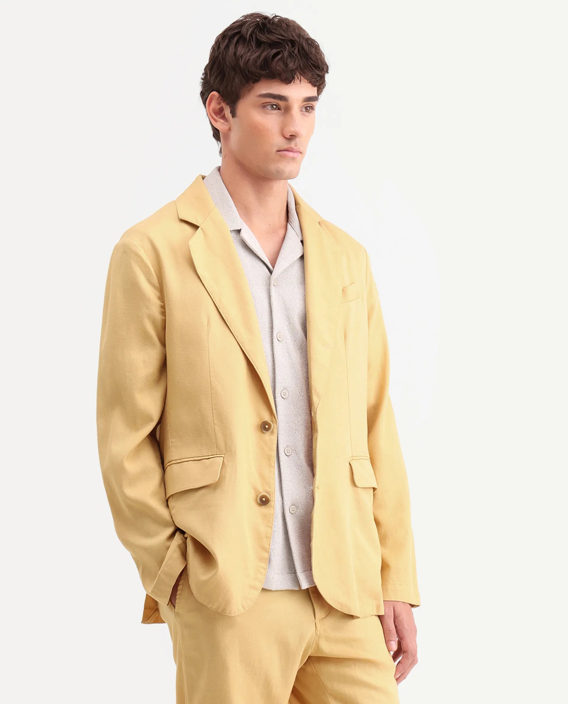 Rare Rabbit Men's Linol Yellow Linen Blend Fabric Lapel Neck Tailored Fit Plain Blazer
