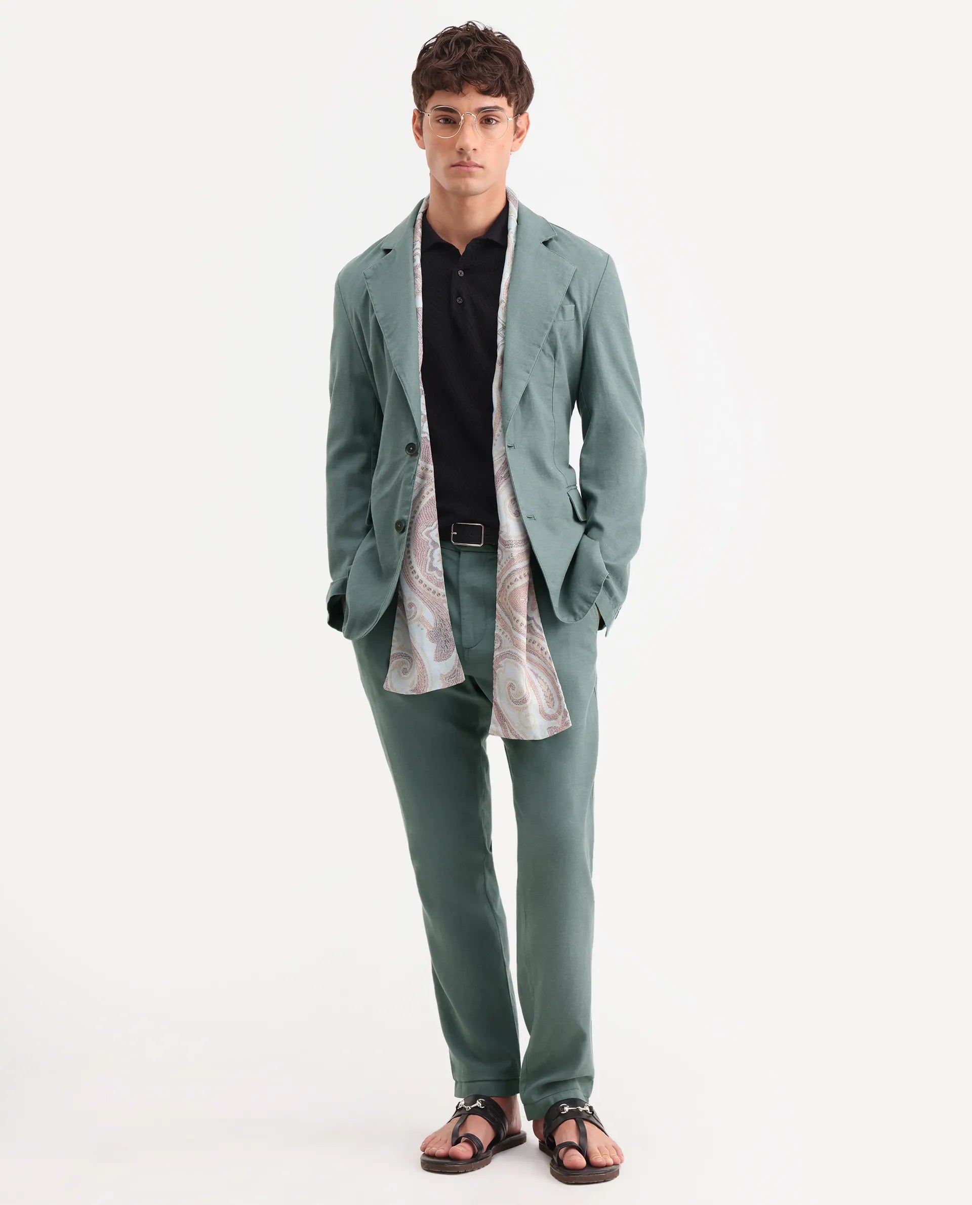 Rare Rabbit Men's Linol Dusky Green Linen Blend Fabric Lapel Neck Tailored Fit Plain Blazer