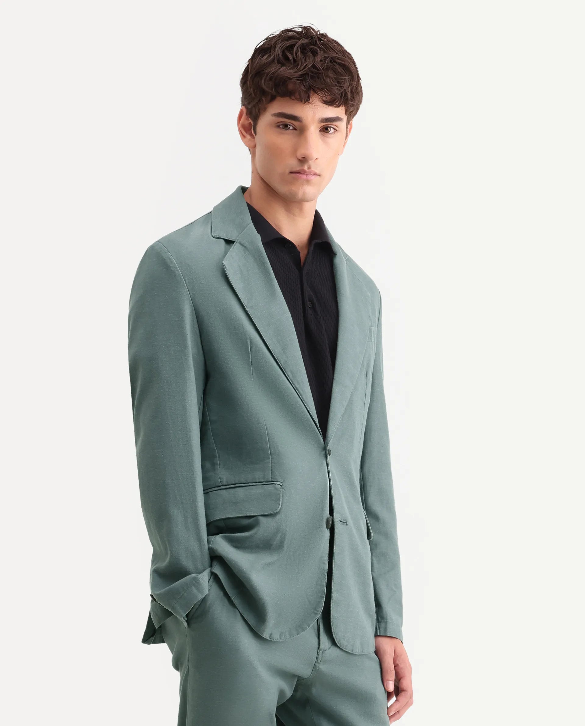 Rare Rabbit Men's Linol Dusky Green Linen Blend Fabric Lapel Neck Tailored Fit Plain Blazer