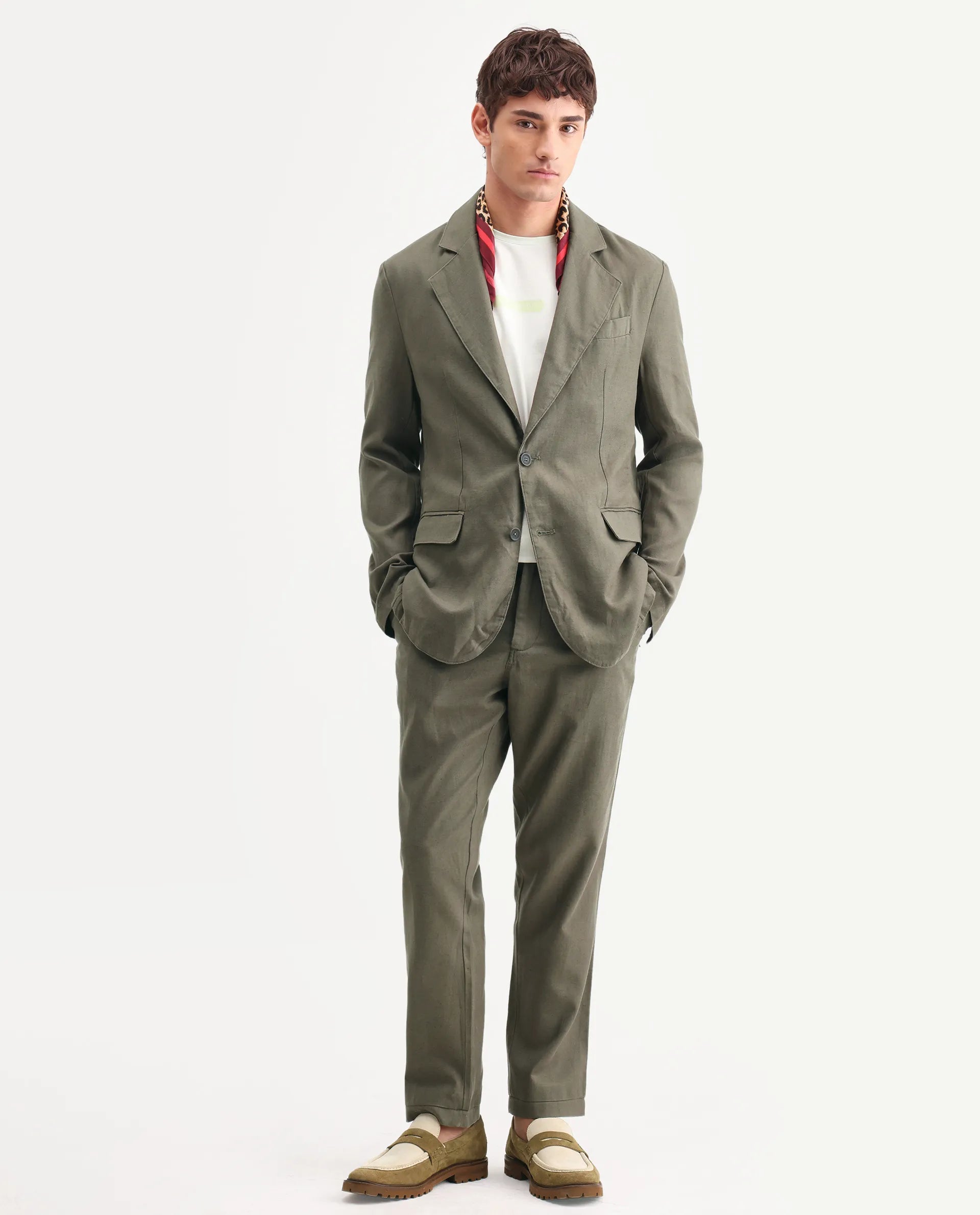 Rare Rabbit Men's Linol Dusky Olive Linen Blend Fabric Lapel Neck Tailored Fit Plain Blazer