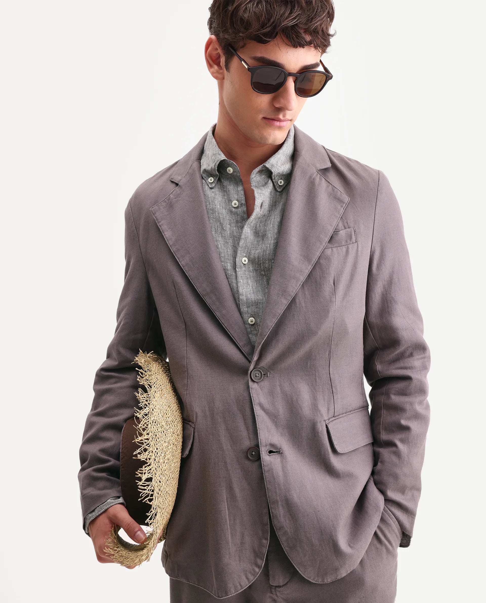 Rare Rabbit Men's Linol Grey Linen Blend Fabric Lapel Neck Tailored Fit Plain Blazer