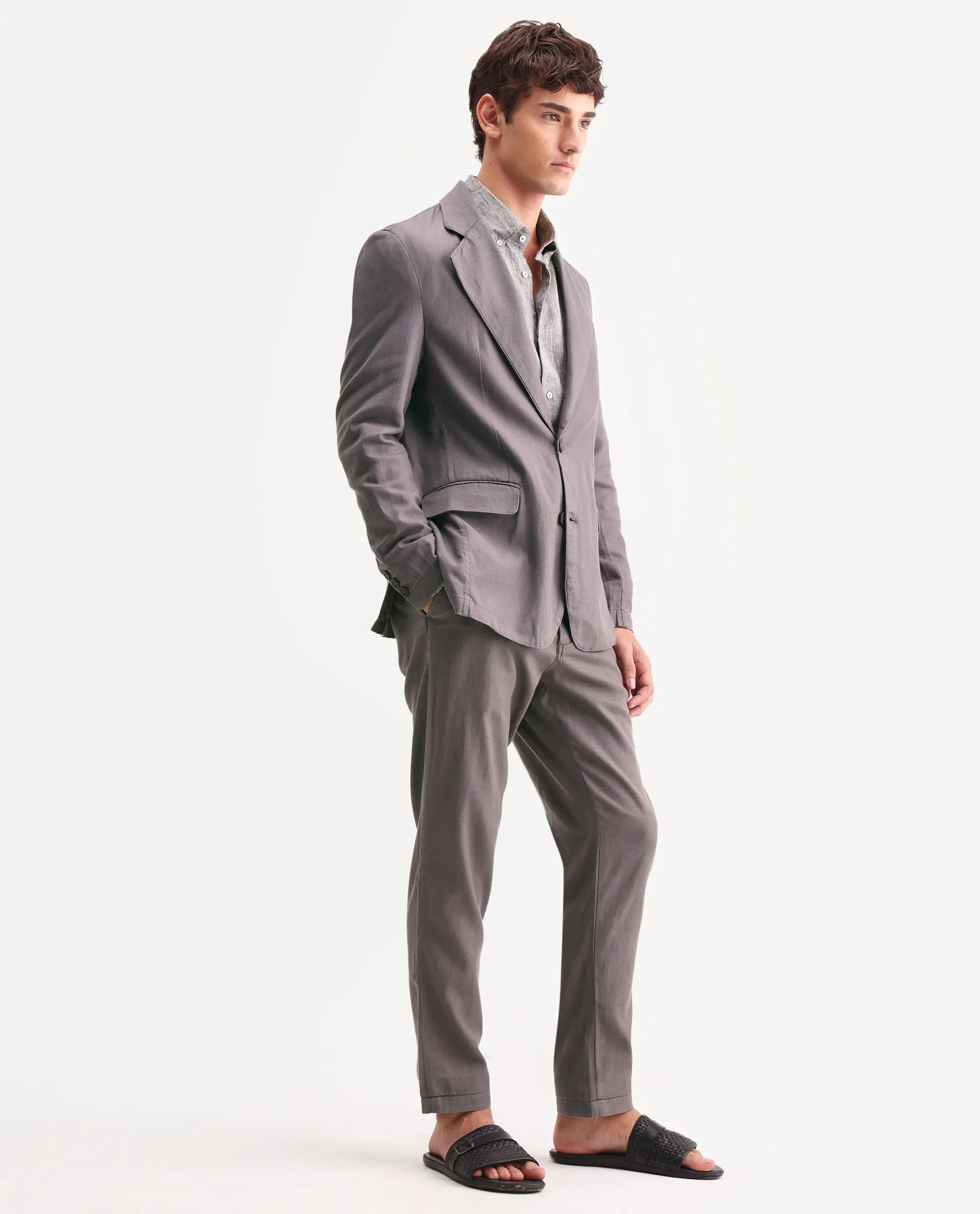 Rare Rabbit Men's Linol Grey Linen Blend Fabric Lapel Neck Tailored Fit Plain Blazer