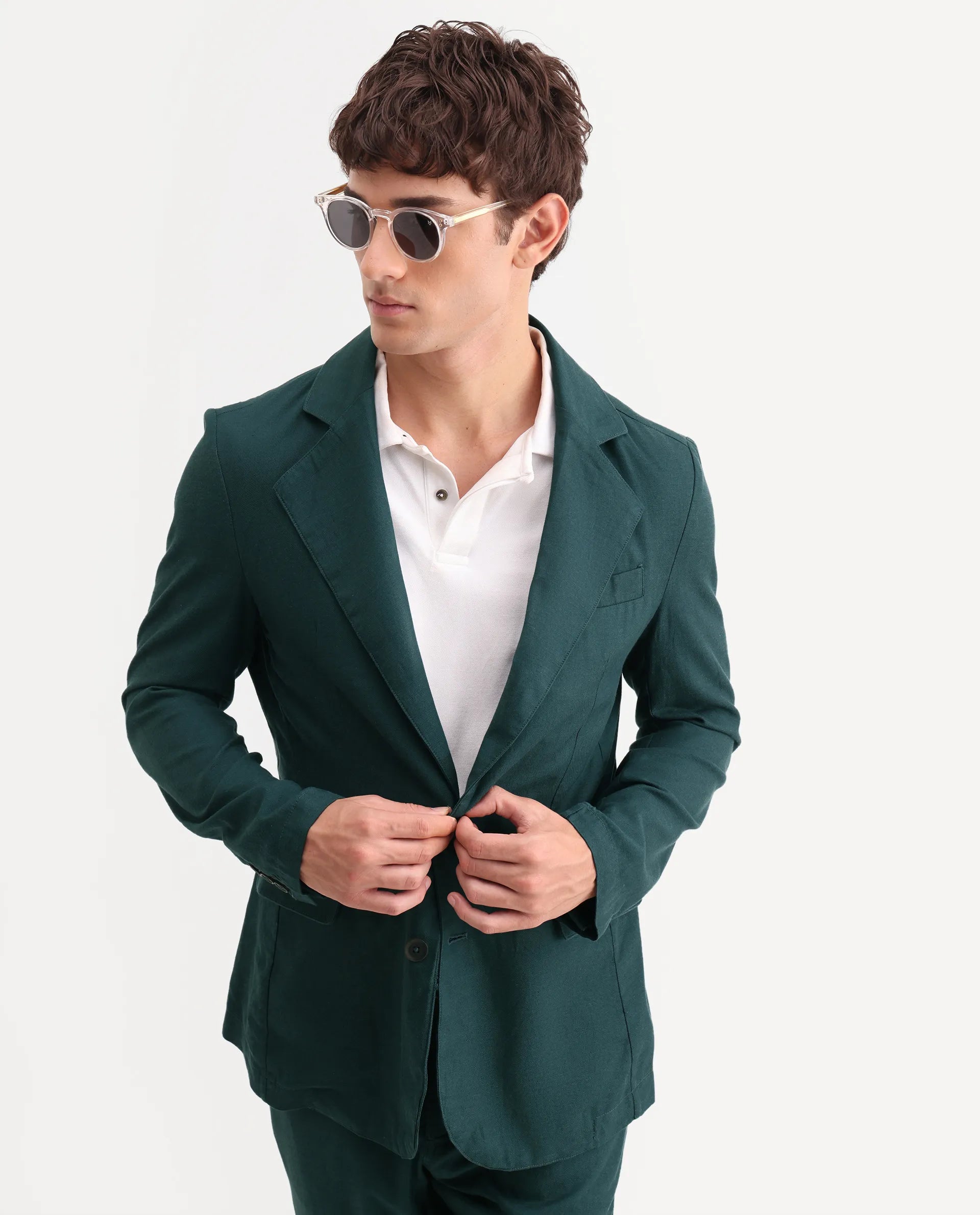 Rare Rabbit Men's Linol Dark Green Linen Blend Fabric Lapel Neck Tailored Fit Plain Blazer