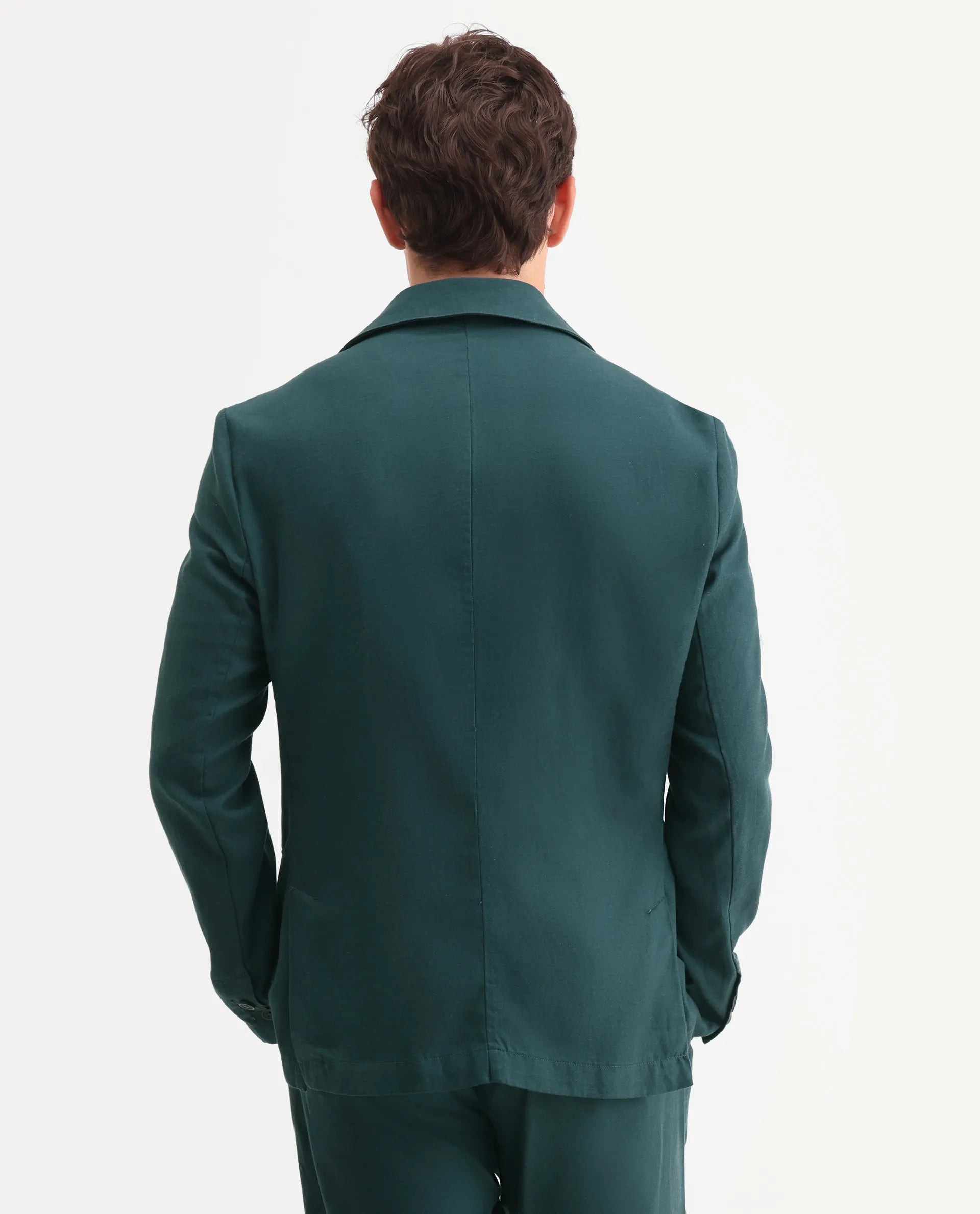 Rare Rabbit Men's Linol Dark Green Linen Blend Fabric Lapel Neck Tailored Fit Plain Blazer