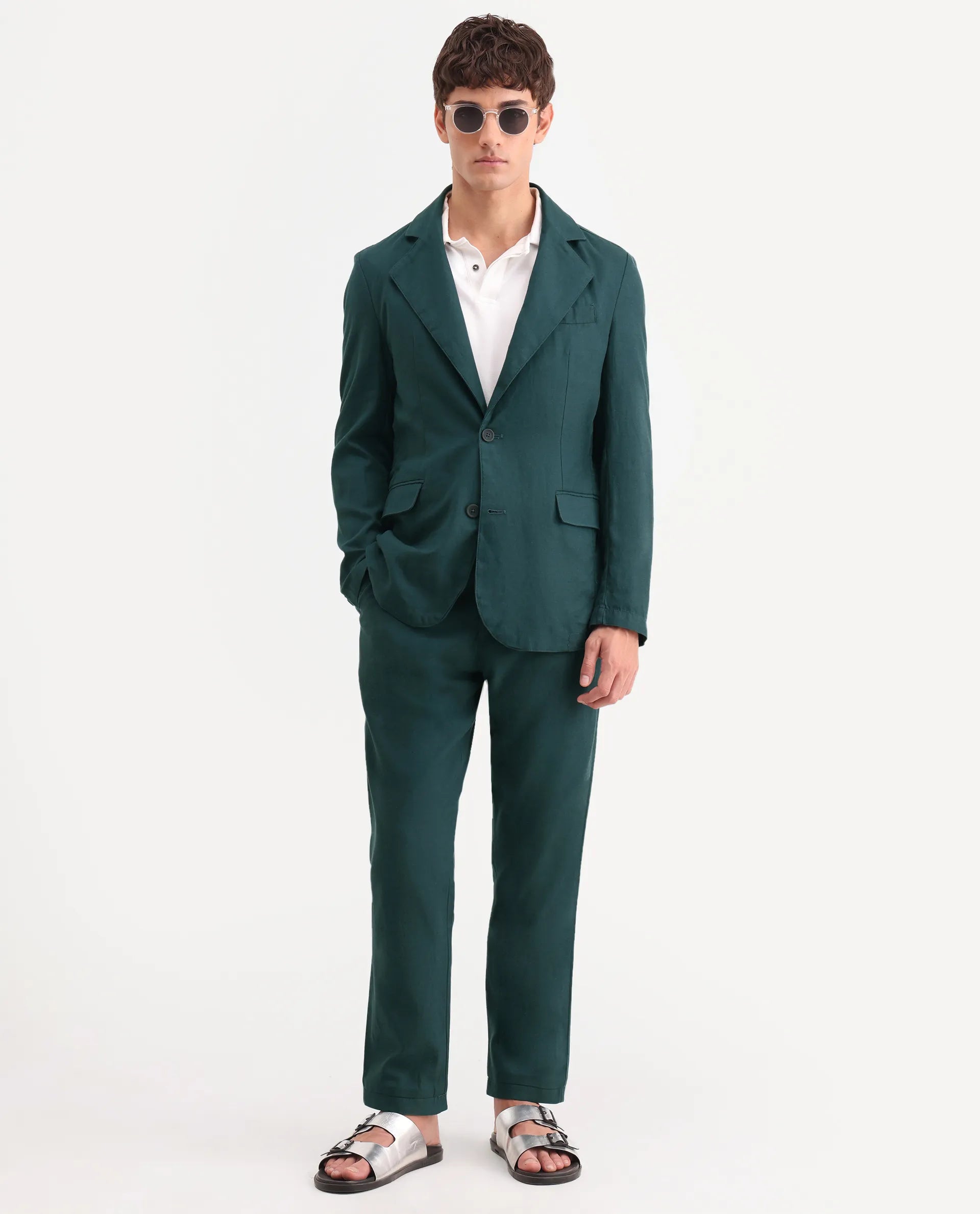 Rare Rabbit Men's Linol Dark Green Linen Blend Fabric Lapel Neck Tailored Fit Plain Blazer