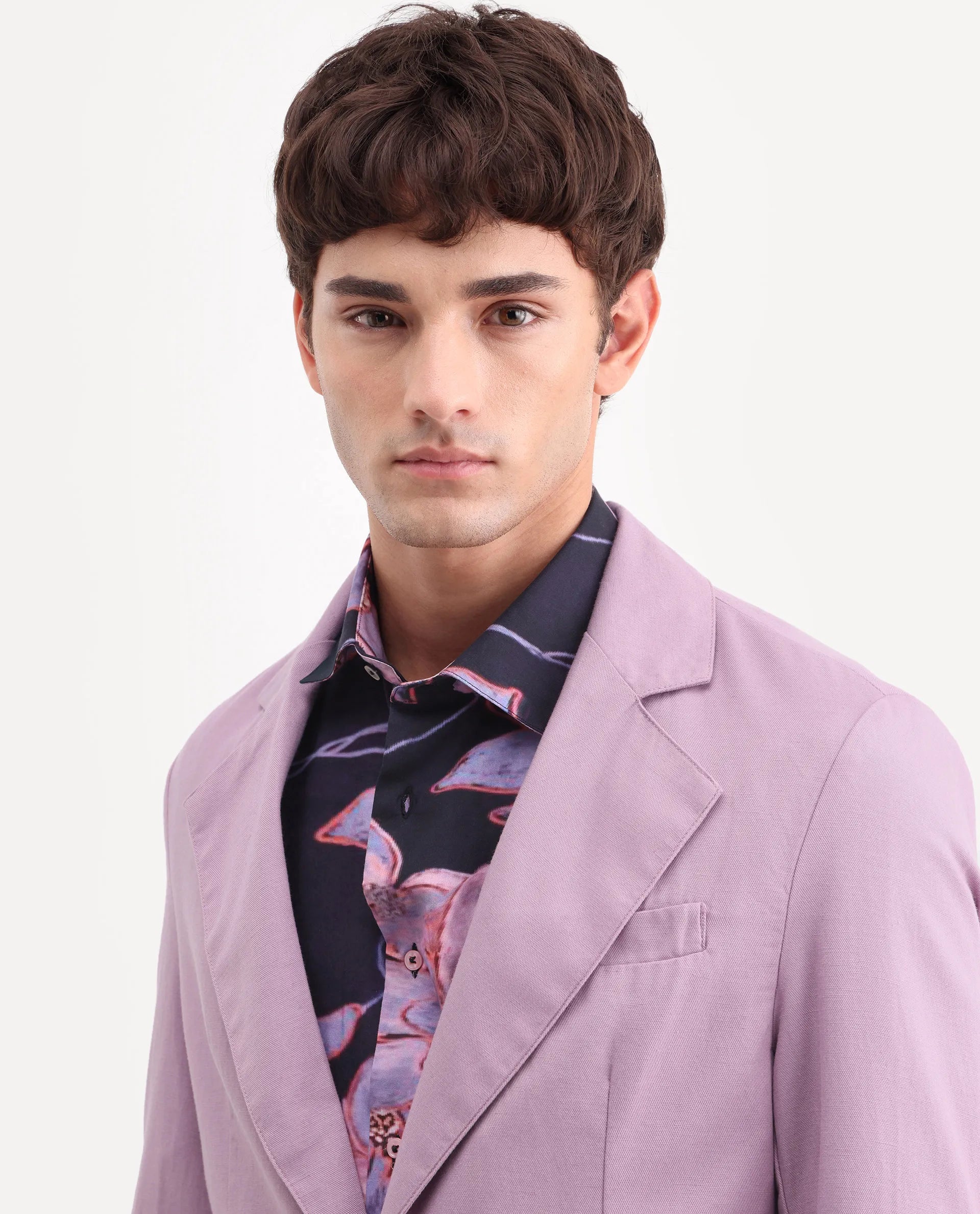 Rare Rabbit Men's Linol Dusky Pink Linen Blend Fabric Lapel Neck Tailored Fit Plain Blazer
