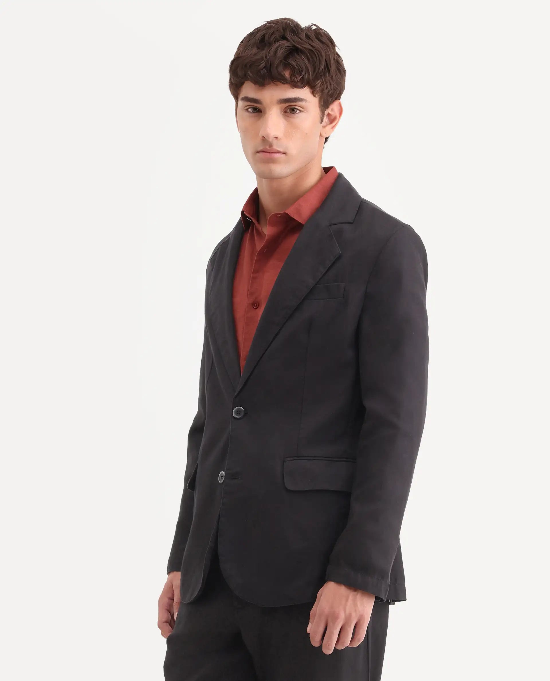 Rare Rabbit Men's Linol Black Linen Blend Fabric Lapel Neck Tailored Fit Plain Blazer