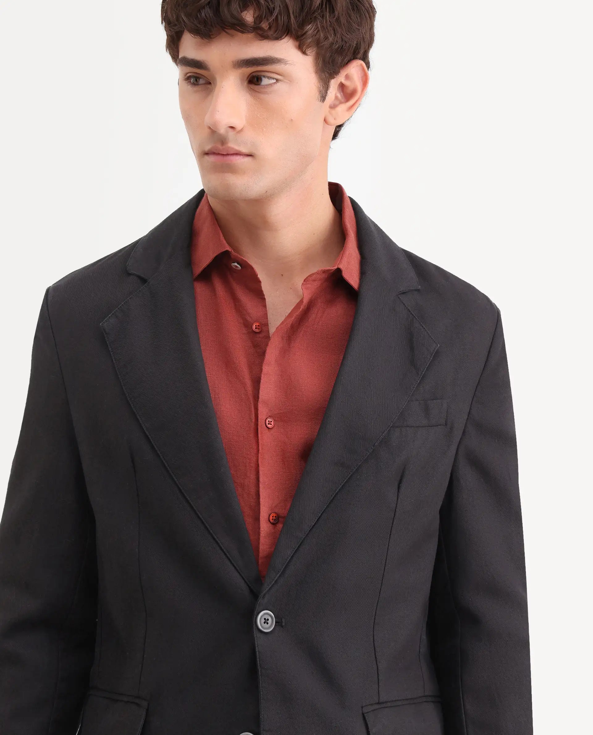 Rare Rabbit Men's Linol Black Linen Blend Fabric Lapel Neck Tailored Fit Plain Blazer