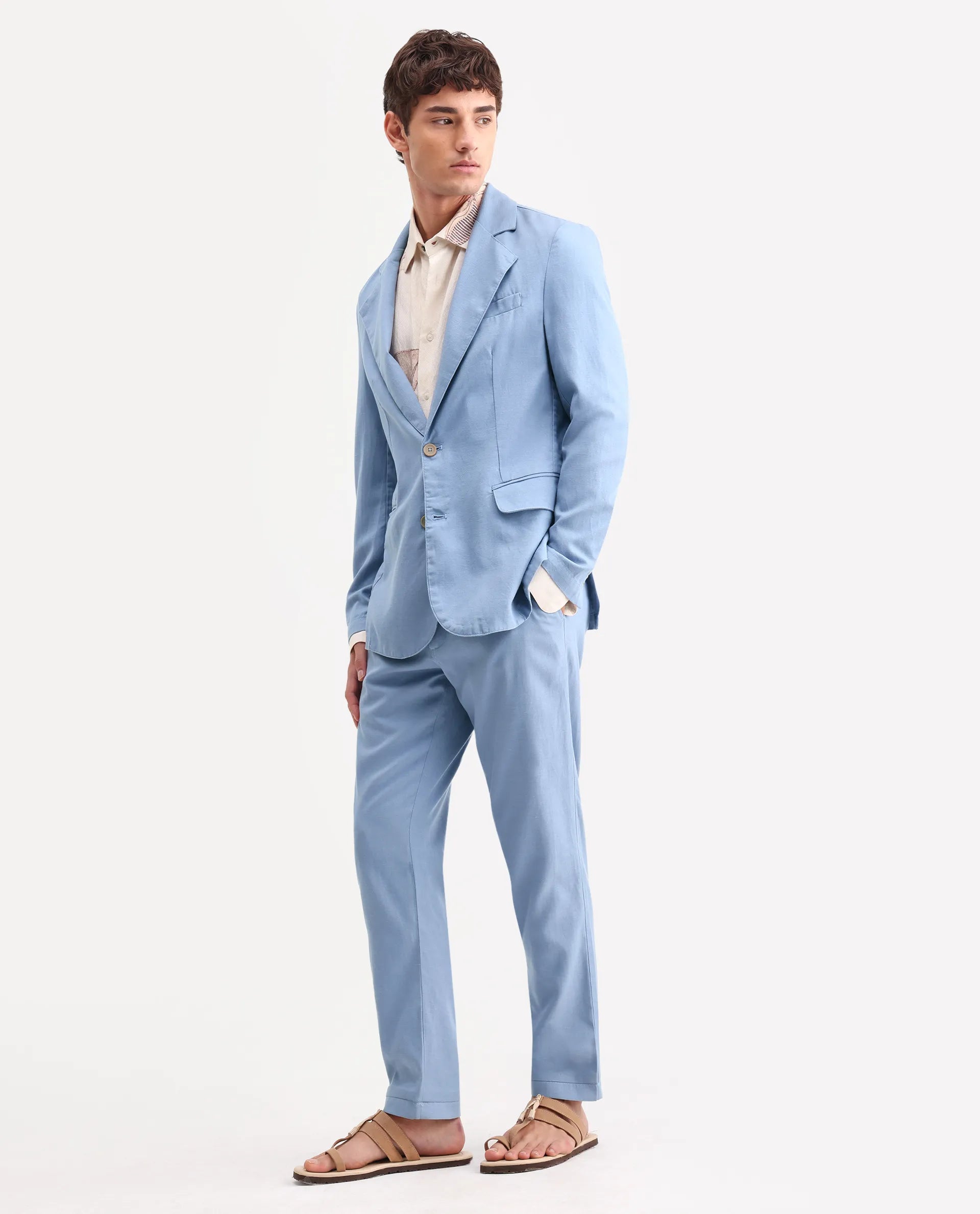 Rare Rabbit Men's Linol Light Blue Linen Blend Fabric Lapel Neck Tailored Fit Plain Blazer