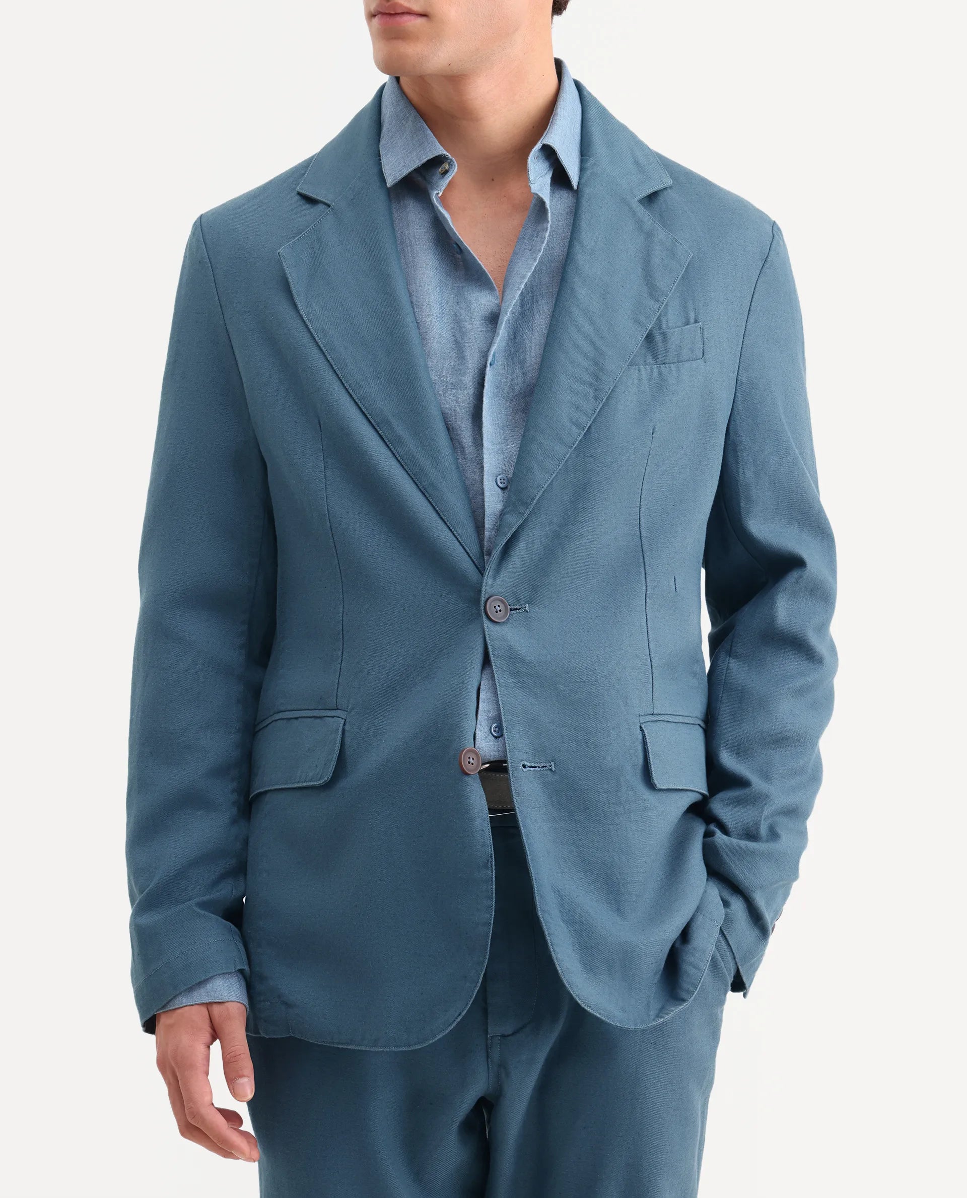 Rare Rabbit Men's Linol Dusky Petrol Linen Blend Fabric Lapel Neck Tailored Fit Plain Blazer