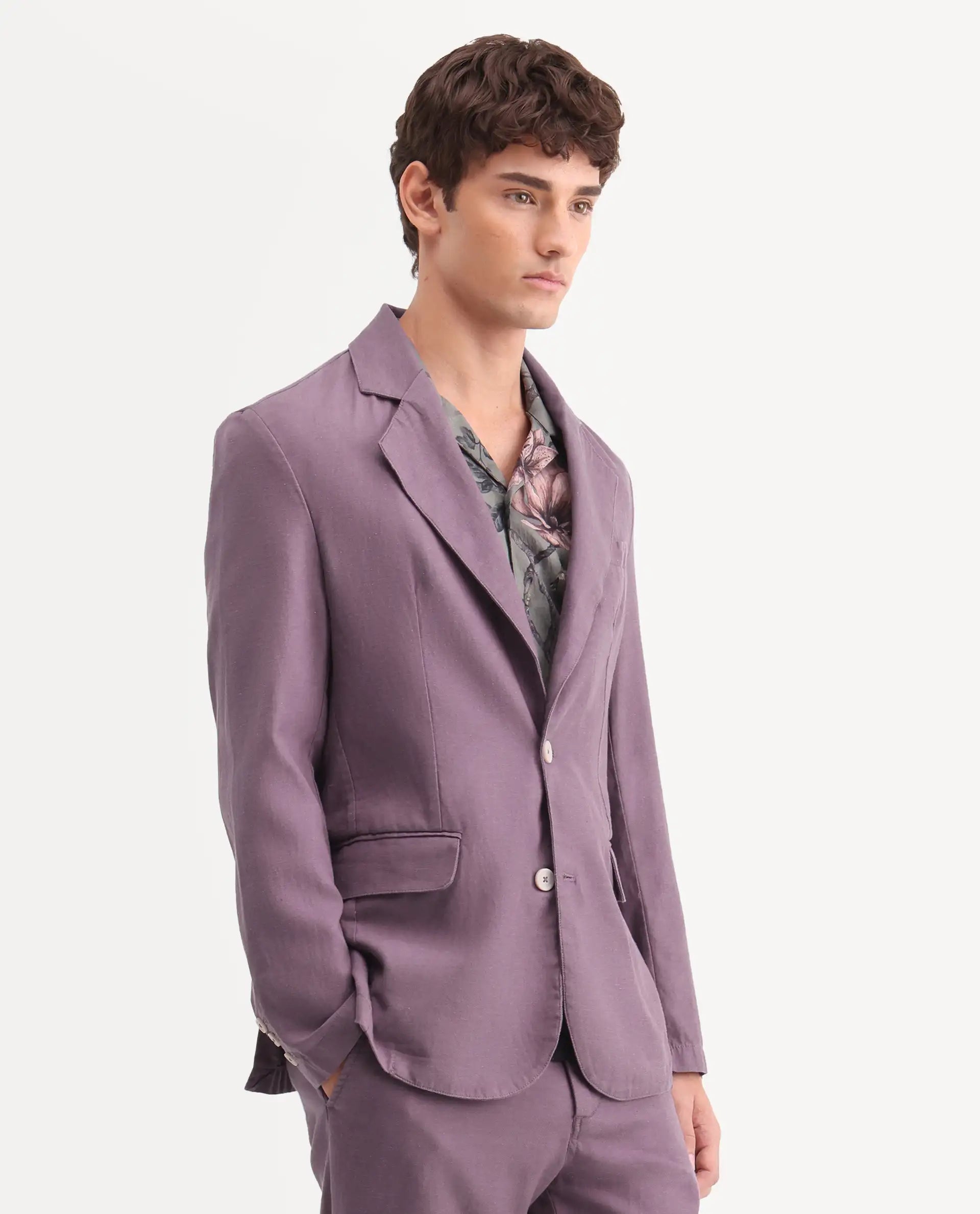 Rare Rabbit Men's Linol Purple Lyocell Blend Fabric Collared Neck Tailored Fit Blazer