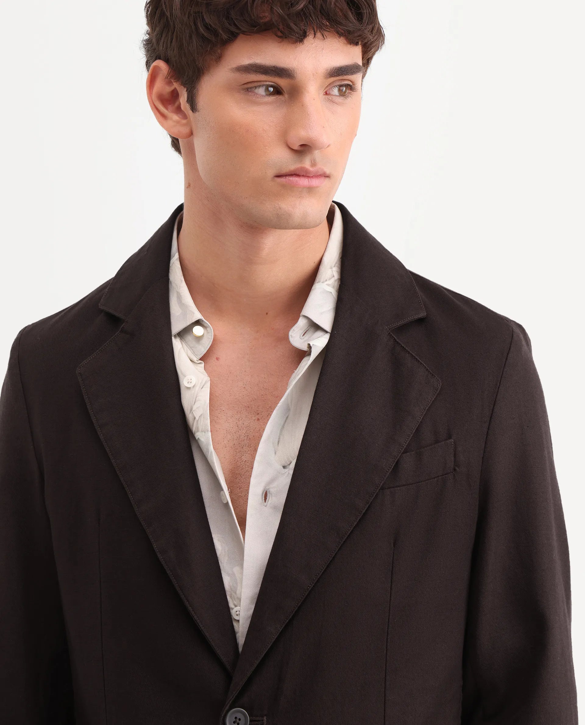 Rare Rabbit Men's Linol Dark Brown Linen Blend Fabric Lapel Neck Tailored Fit Plain Blazer