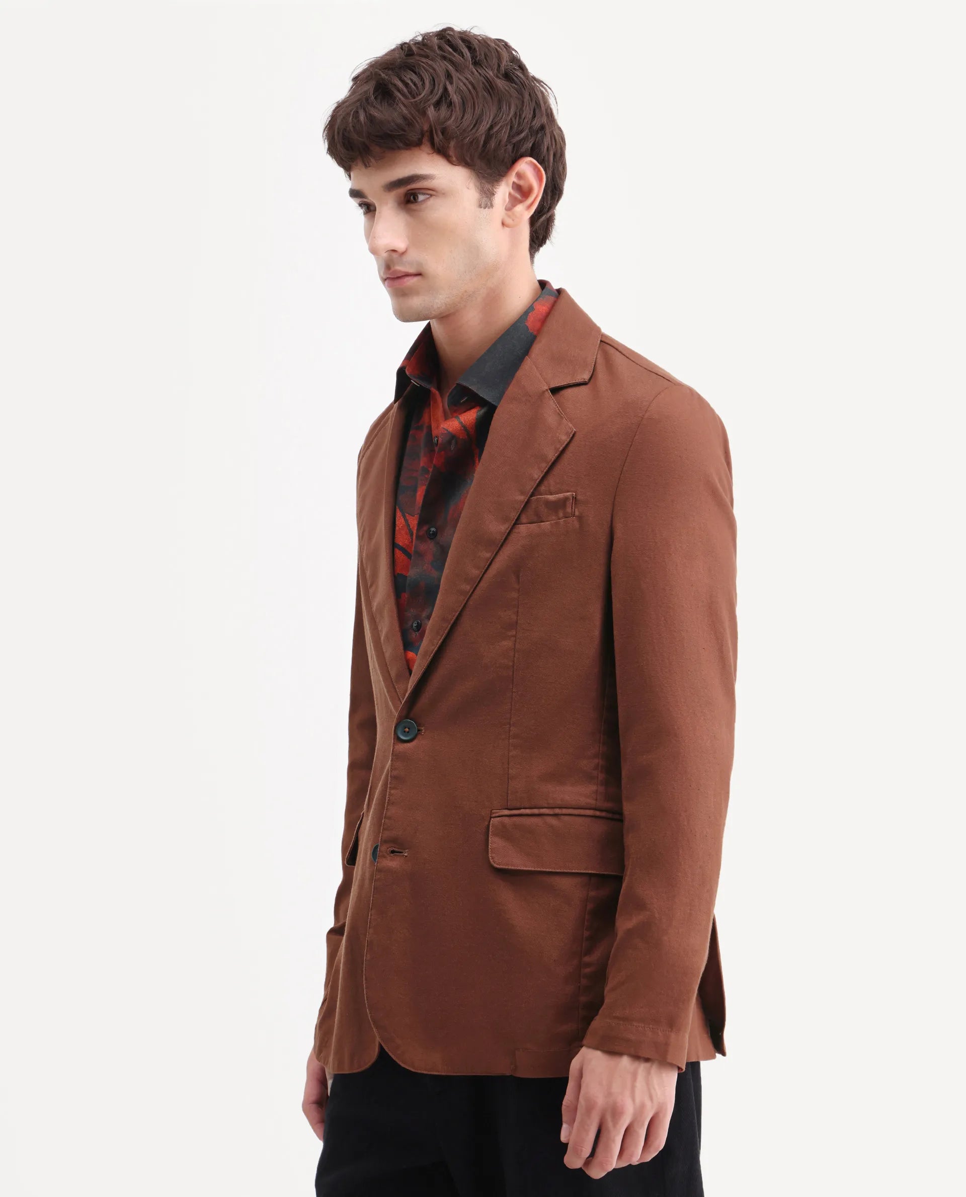 Rare Rabbit Men's Linol Brown Linen Blend Fabric Lapel Neck Tailored Fit Plain Blazer