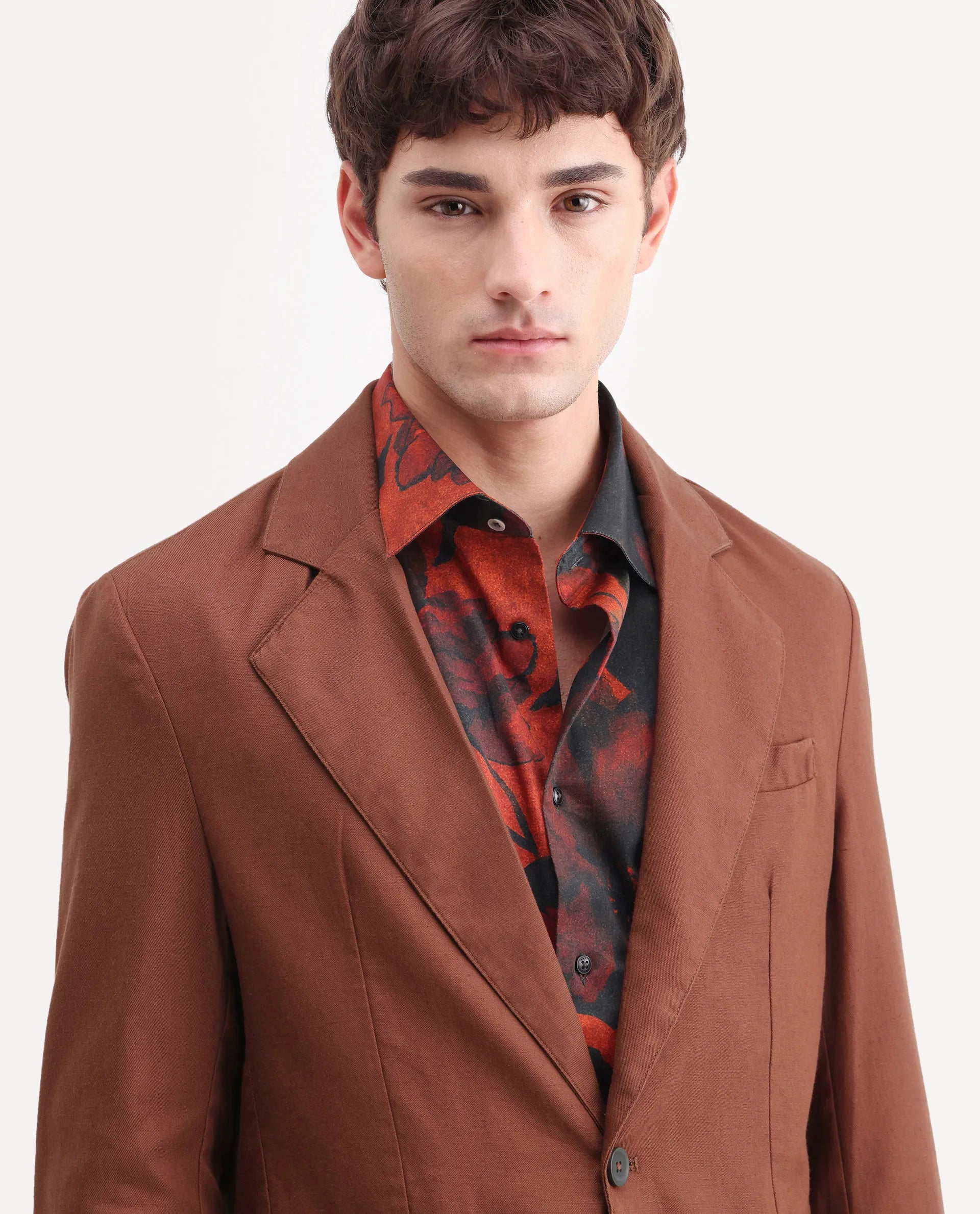 Rare Rabbit Men's Linol Brown Linen Blend Fabric Lapel Neck Tailored Fit Plain Blazer