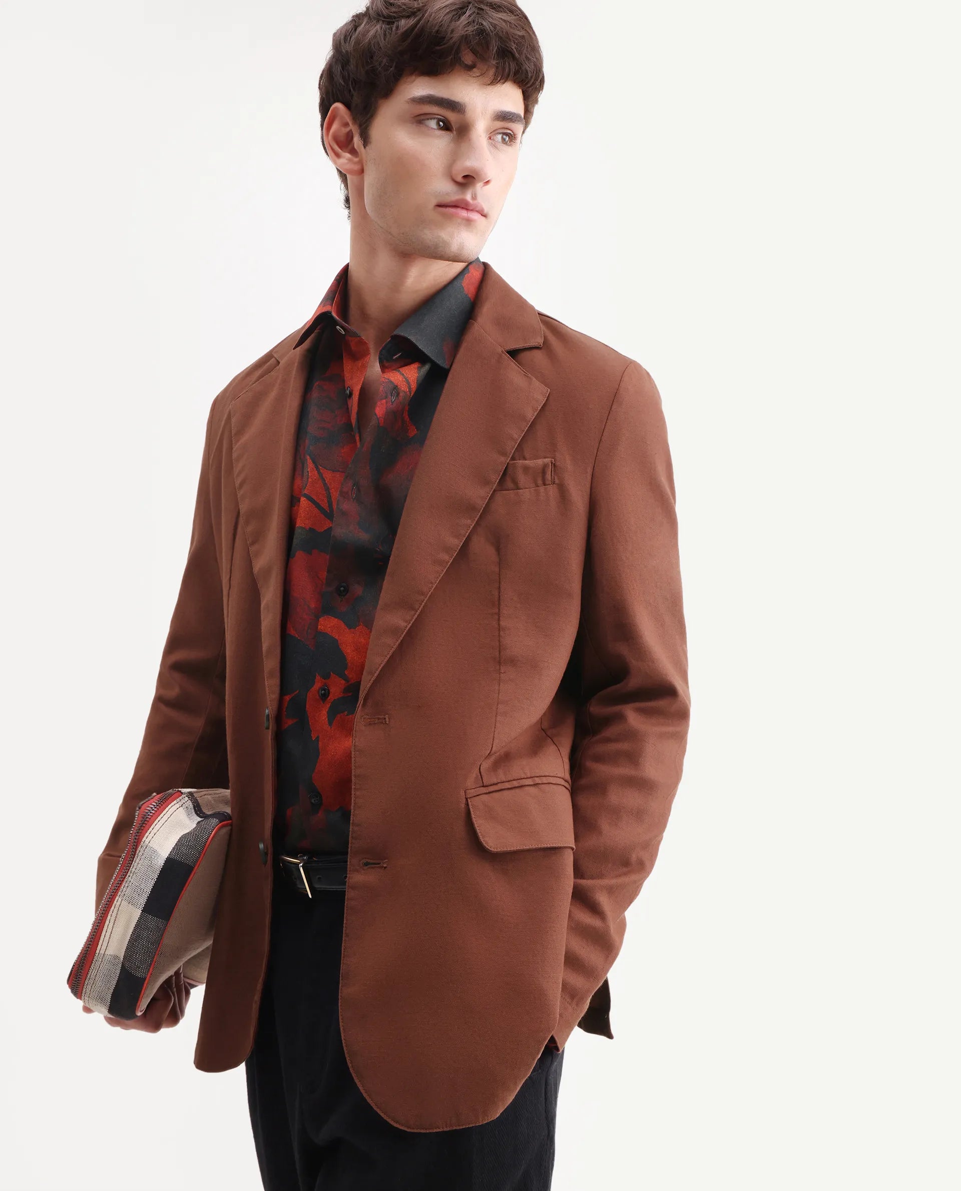 Rare Rabbit Men's Linol Brown Linen Blend Fabric Lapel Neck Tailored Fit Plain Blazer