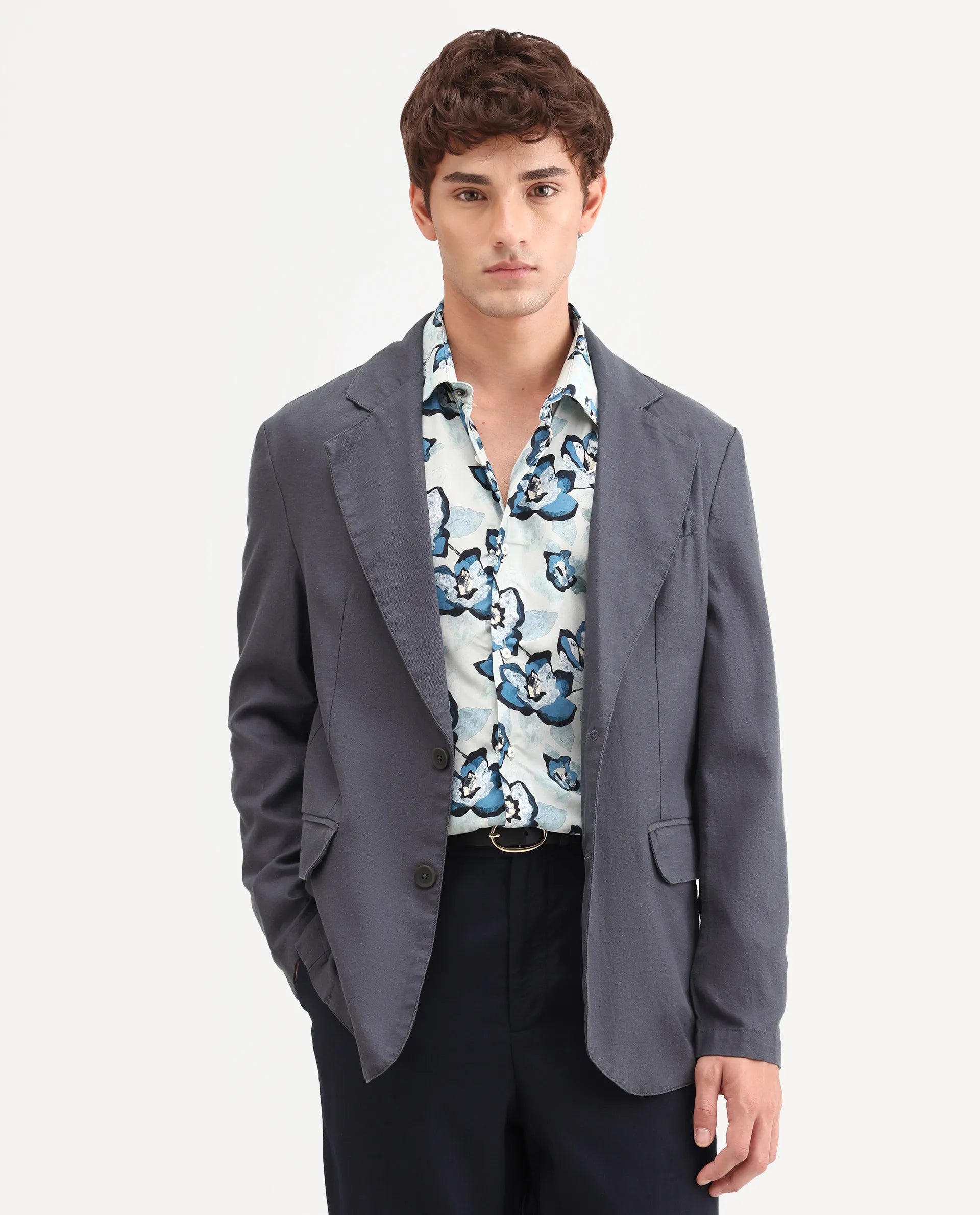 Rare Rabbit Men's Linol Dark Grey Linen Blend Fabric Lapel Neck Tailored Fit Plain Blazer
