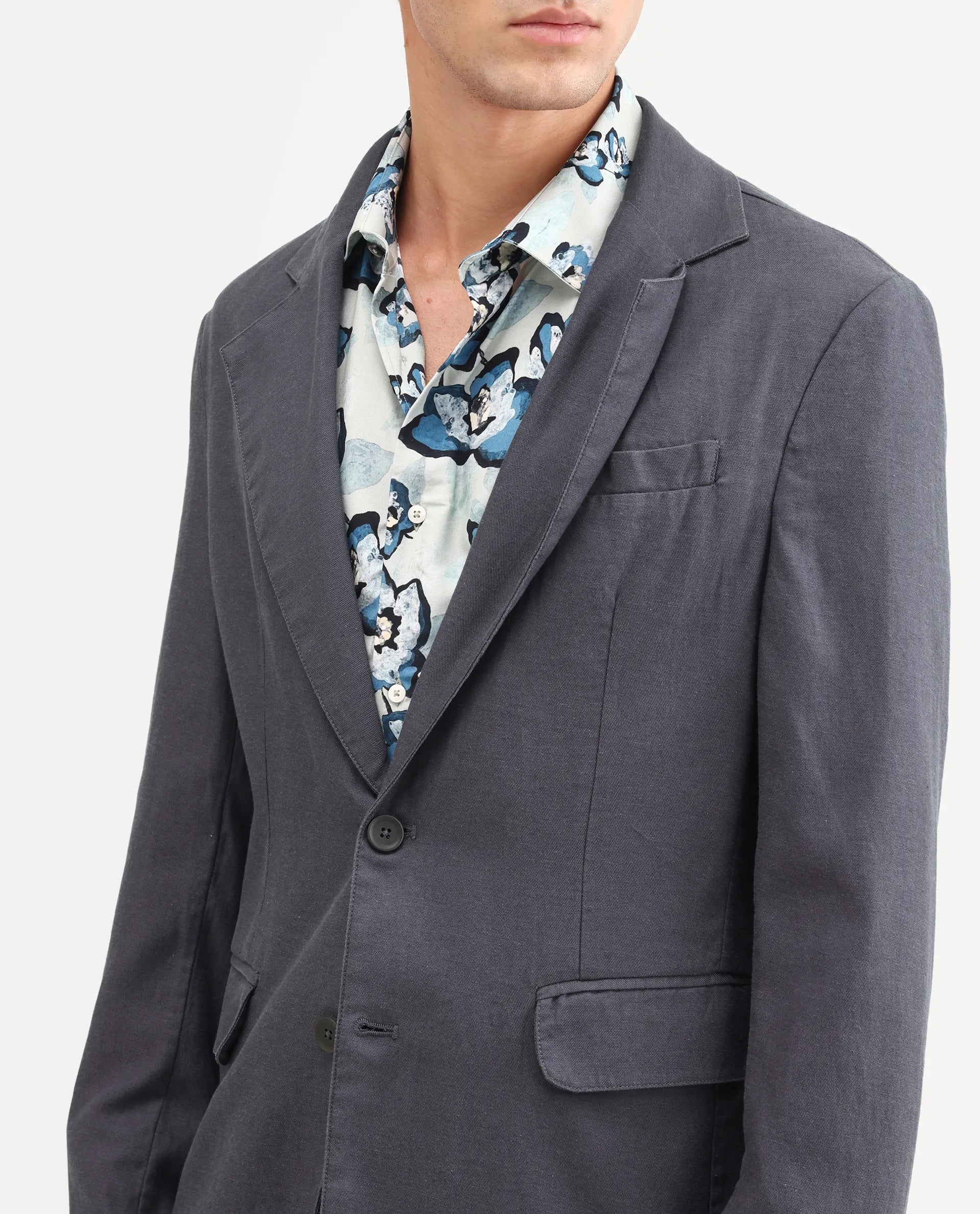 Rare Rabbit Men's Linol Dark Grey Linen Blend Fabric Lapel Neck Tailored Fit Plain Blazer