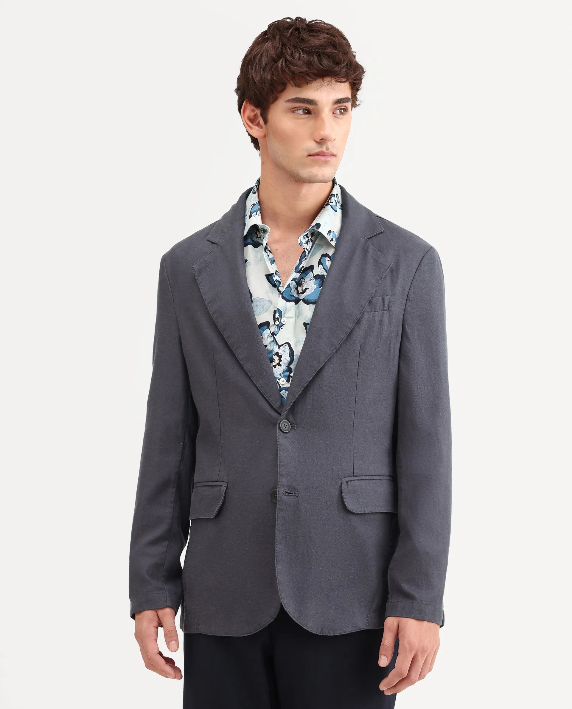 Rare Rabbit Men's Linol Dark Grey Linen Blend Fabric Lapel Neck Tailored Fit Plain Blazer