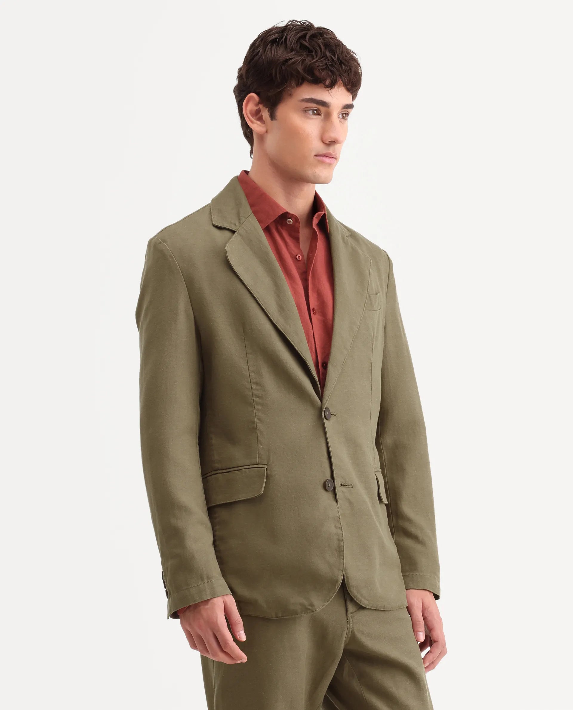 Rare Rabbit Men's Linol Khaki Linen Blend Fabric Lapel Neck Tailored Fit Plain Blazer