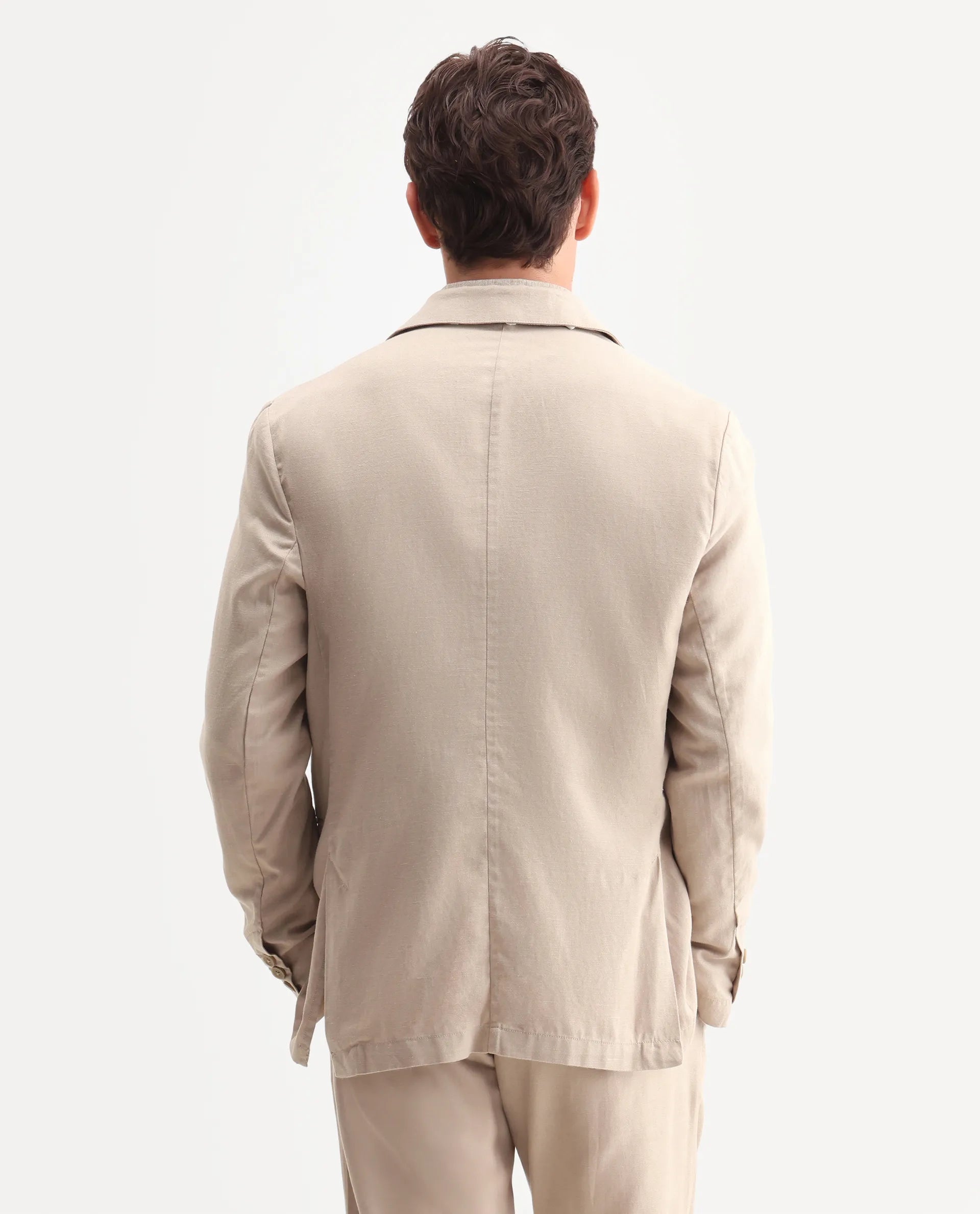 Rare Rabbit Men's Linol Beige Linen Blend Fabric Lapel Neck Tailored Fit Plain Blazer
