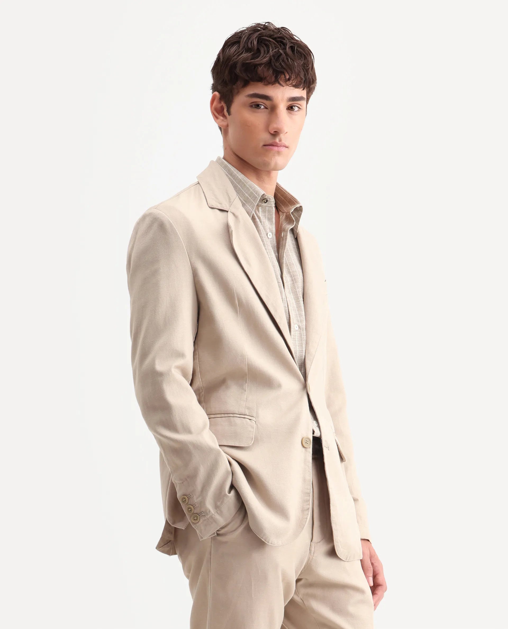 Rare Rabbit Men's Linol Beige Linen Blend Fabric Lapel Neck Tailored Fit Plain Blazer