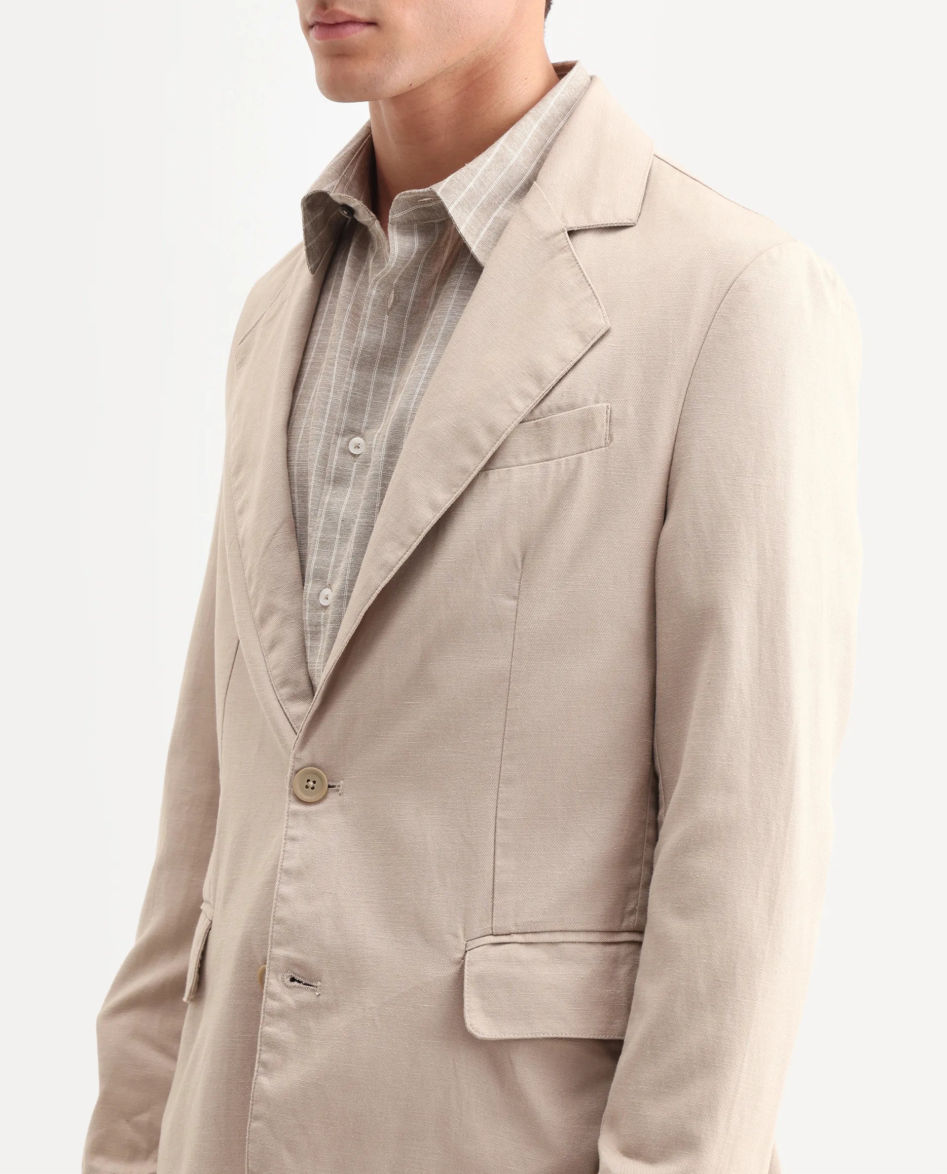 Rare Rabbit Men's Linol Beige Linen Blend Fabric Lapel Neck Tailored Fit Plain Blazer