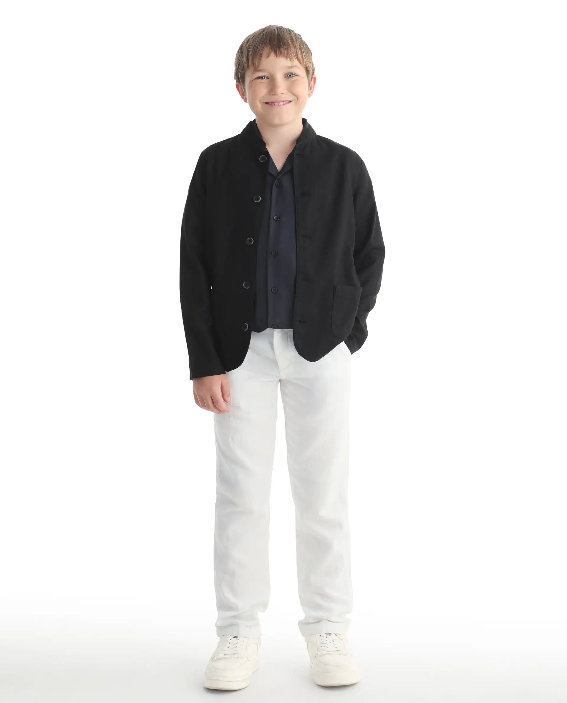 Rare Ones Kids Jensen Black Linen Blend Solid Button Closure Tailored Fit Coat