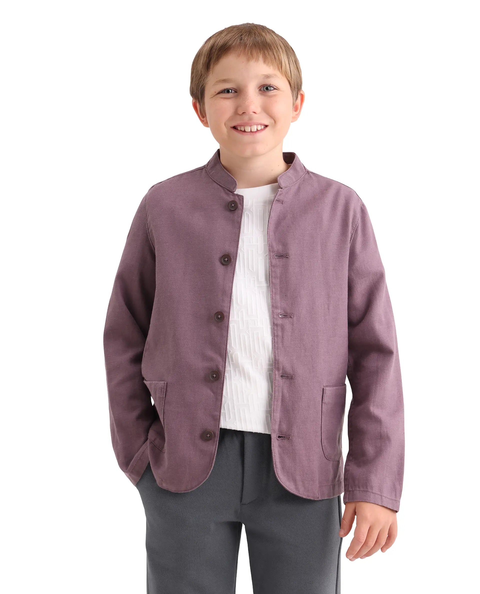 Rare Ones Kids Jensen Purple Linen Blend Solid Button Closure Tailored Fit Coat