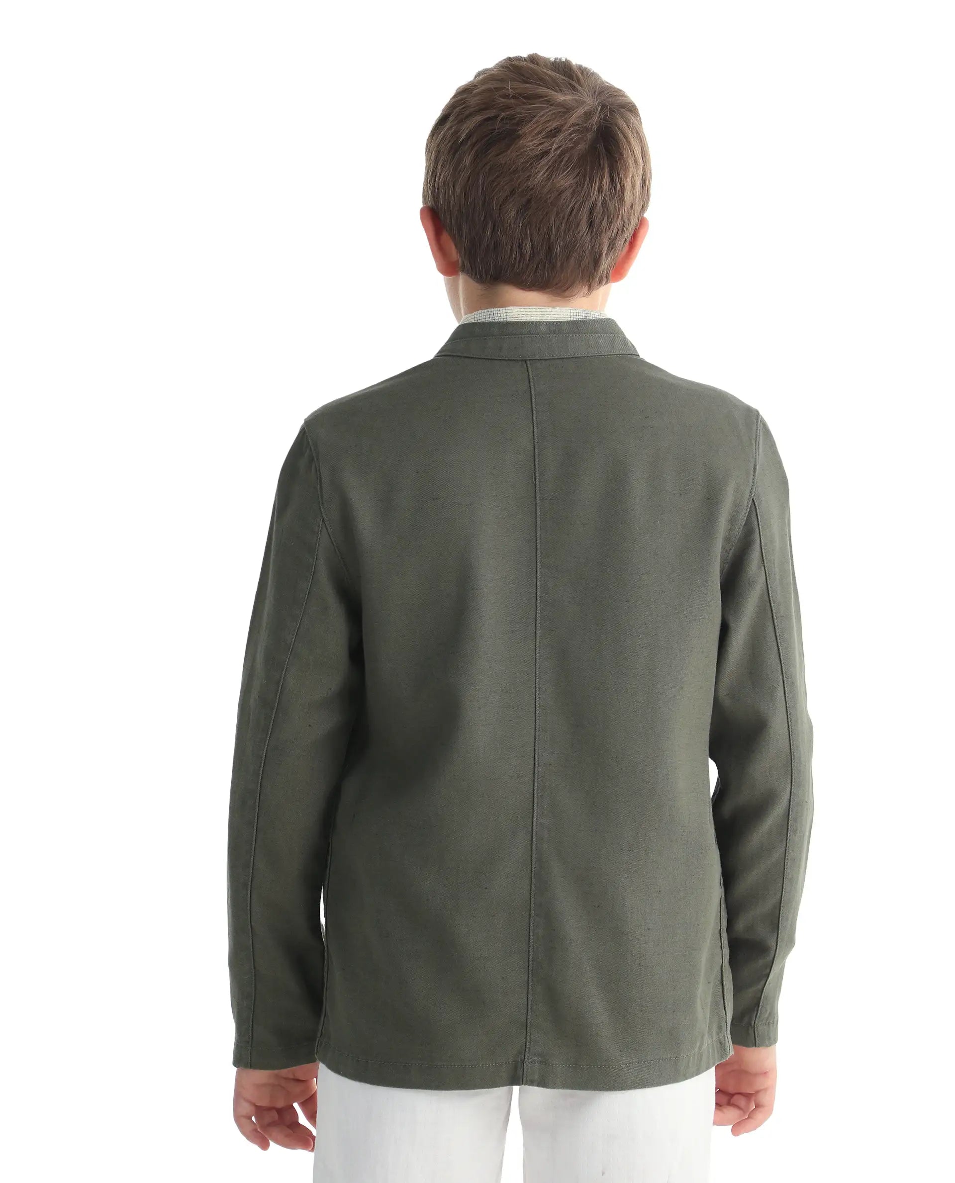 Rare Ones Kids Jensen Dusky Olive Linen Blend Solid Button Closure Tailored Fit Coat