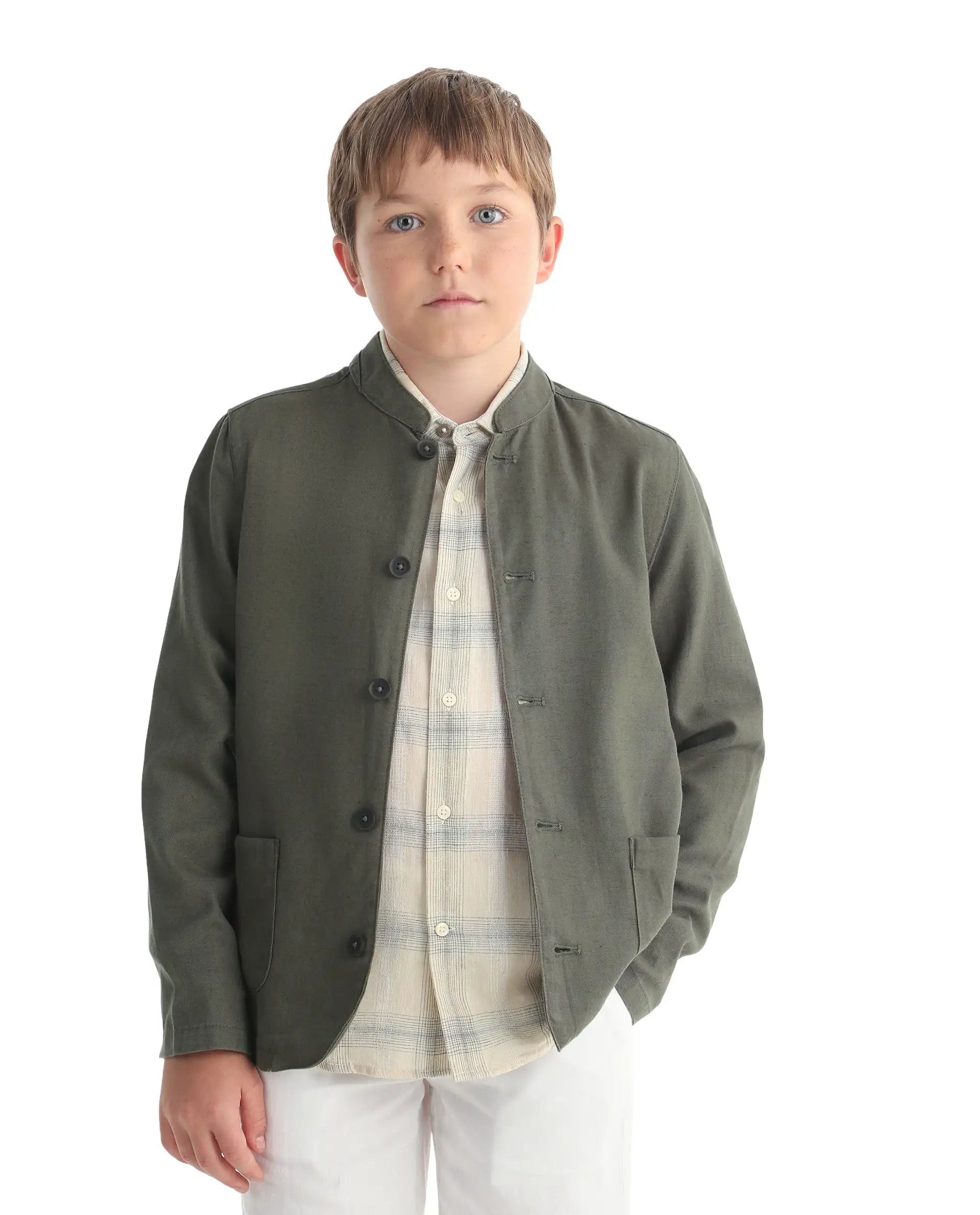 Rare Ones Kids Jensen Dusky Olive Linen Blend Solid Button Closure Tailored Fit Coat