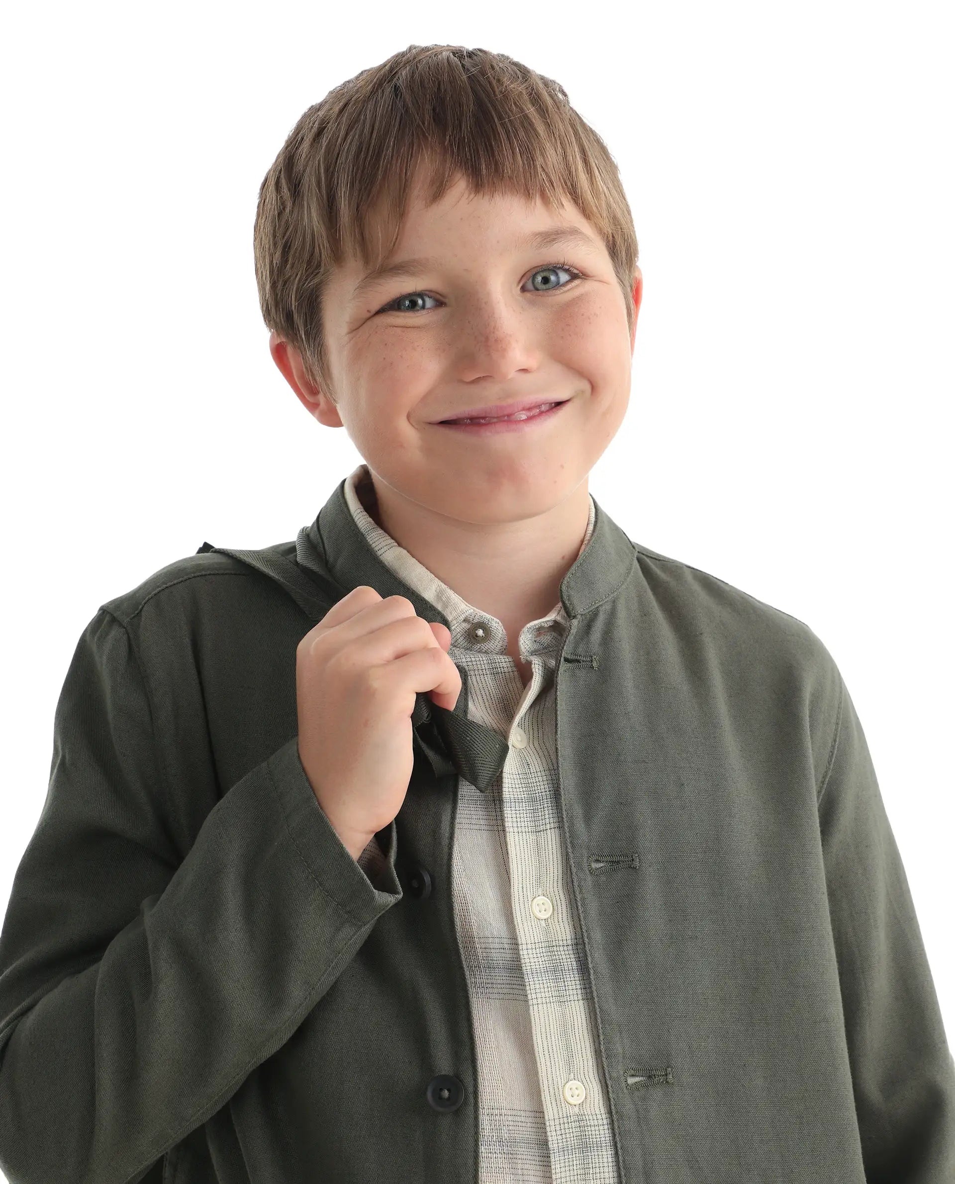 Rare Ones Kids Jensen Dusky Olive Linen Blend Solid Button Closure Tailored Fit Coat