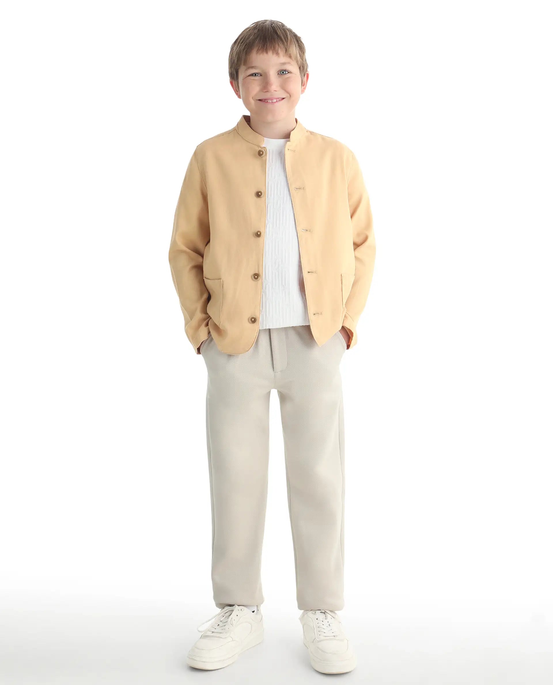 Rare Ones Kids Jensen Dusky Yellow Linen Blend Solid Button Closure Tailored Fit Coat