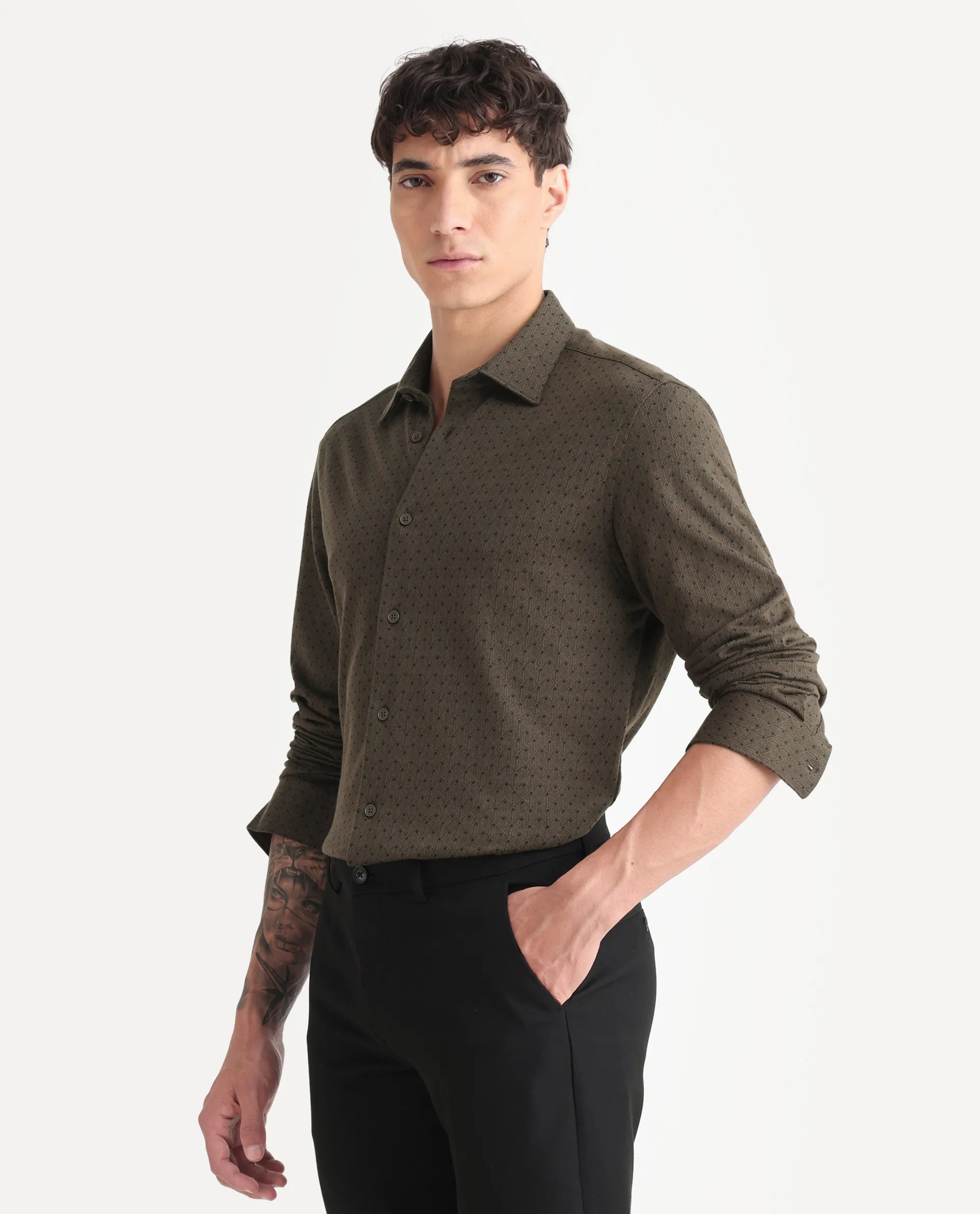 Rare Rabbit Men's Kupo Brown Cotton Blend Geometric Print Regular Fit Full Sleeve Collared Shirt