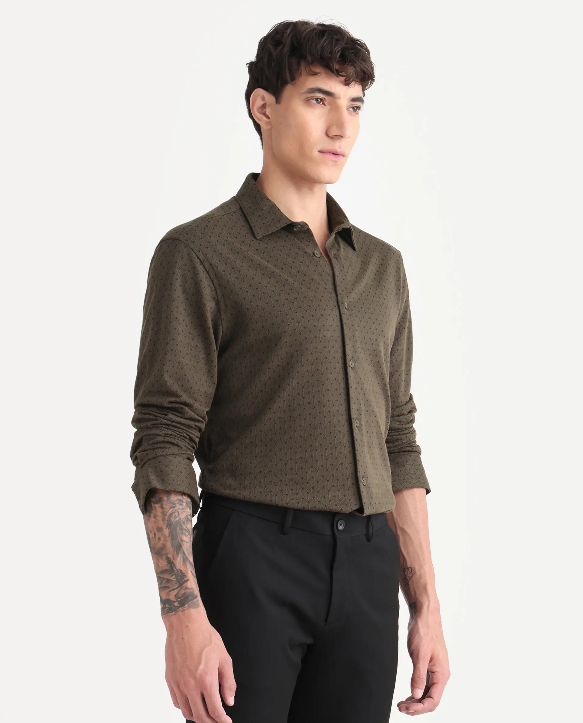 Rare Rabbit Men's Kupo Brown Cotton Blend Geometric Print Regular Fit Full Sleeve Collared Shirt