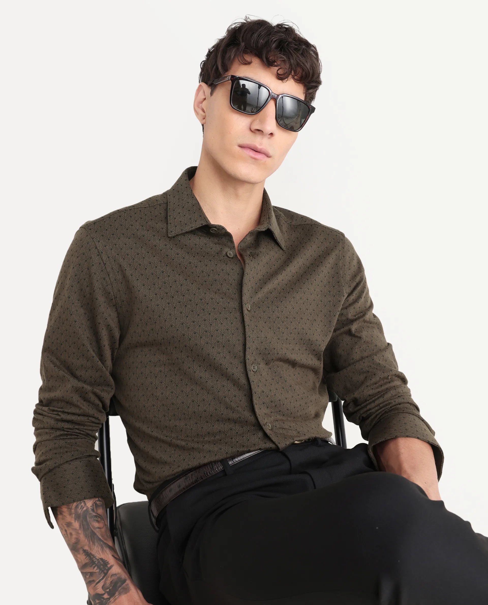 Rare Rabbit Men's Kupo Brown Cotton Blend Geometric Print Regular Fit Full Sleeve Collared Shirt