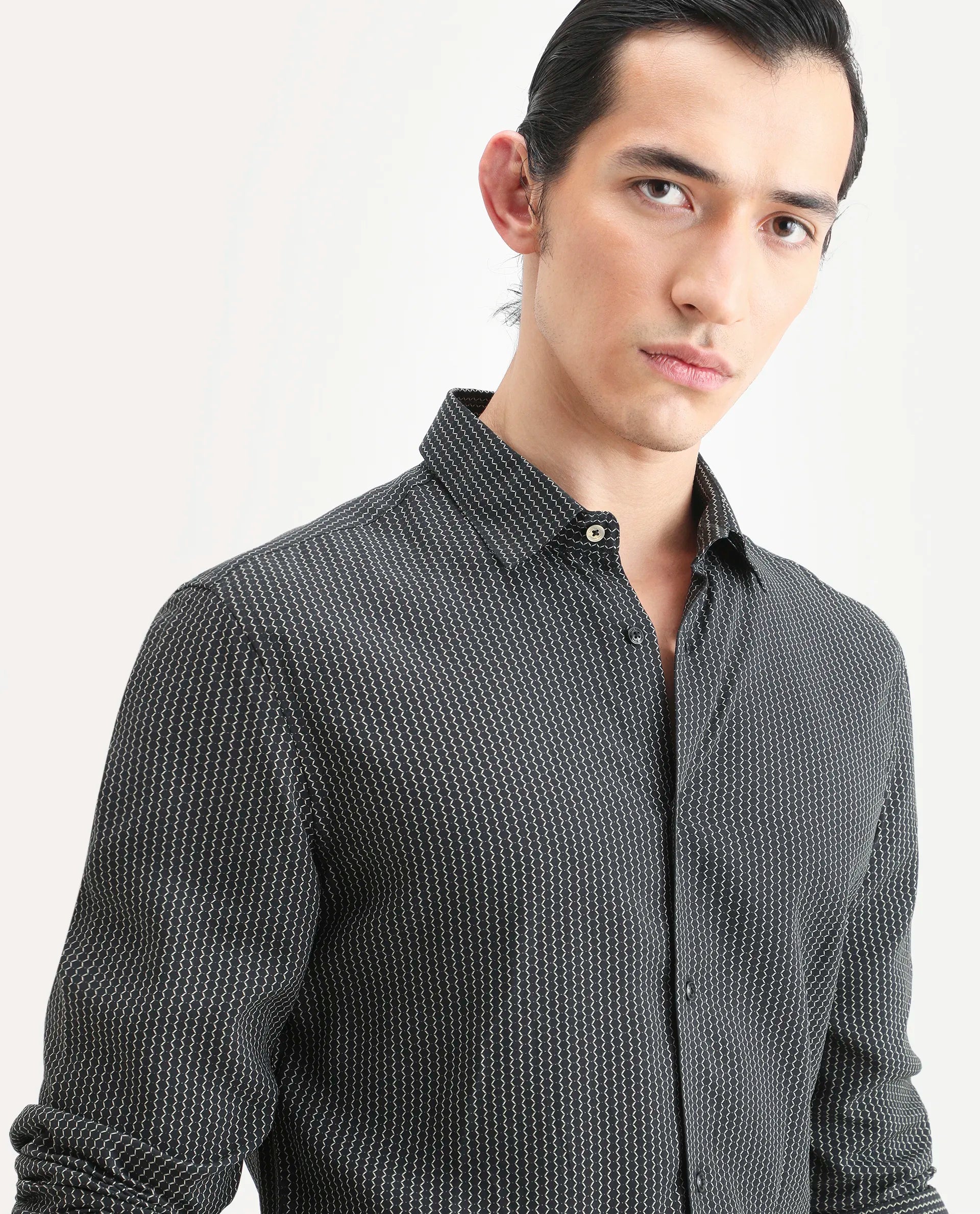 Rare Rabbit Men's Lyca Black Viscose Fabric Full Sleeve Collared Neck Geometric Print Shirt