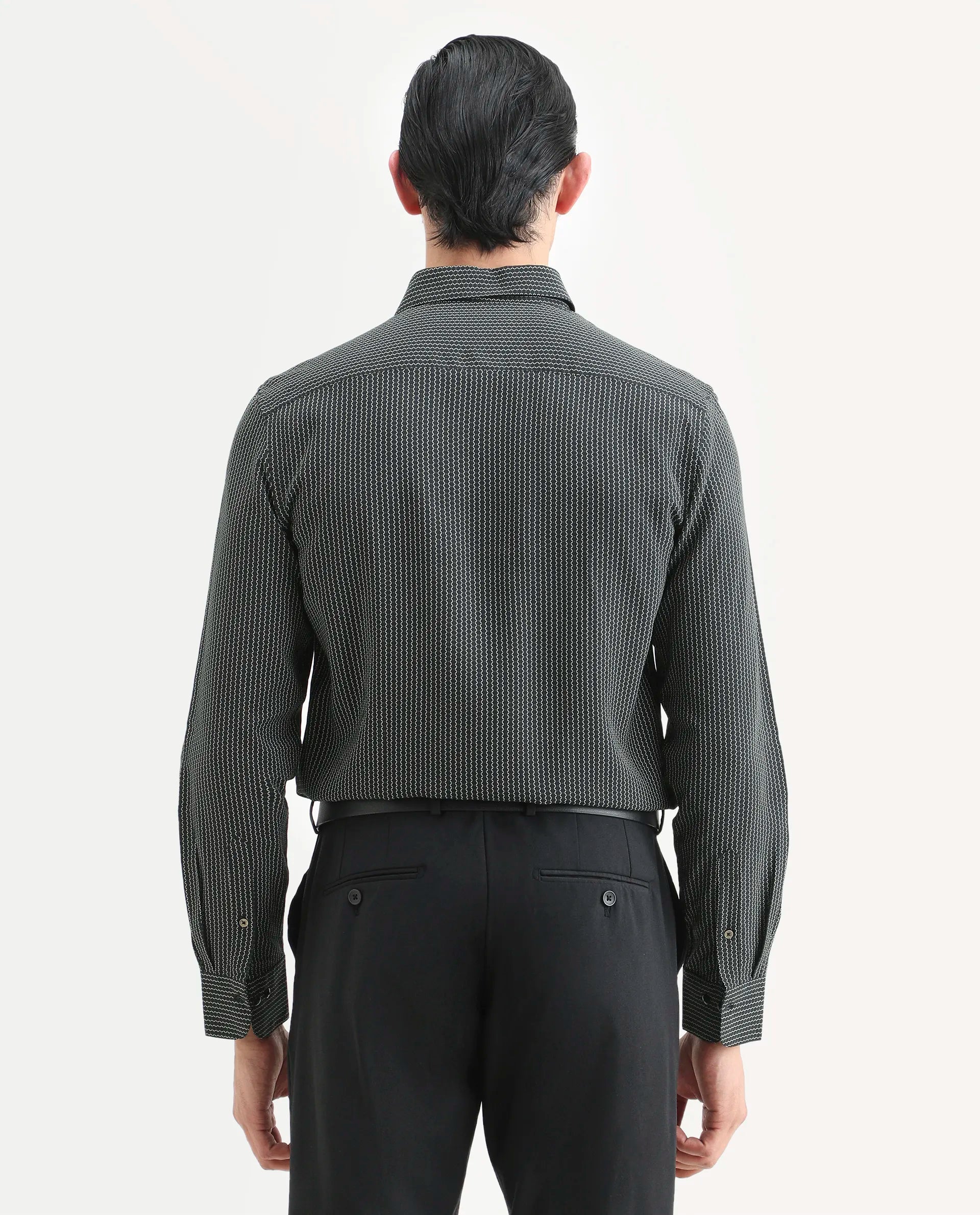 Rare Rabbit Men's Lyca Black Viscose Fabric Full Sleeve Collared Neck Geometric Print Shirt