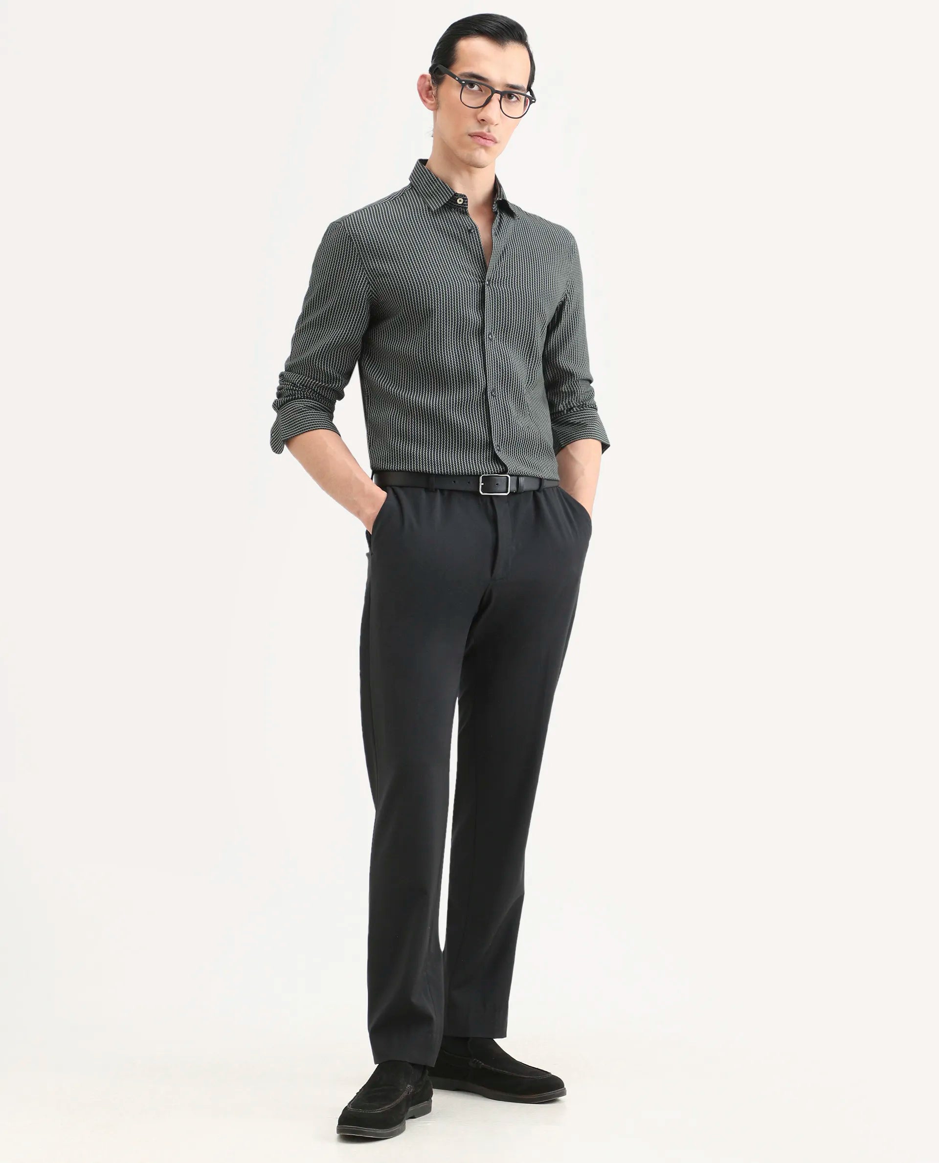 Rare Rabbit Men's Lyca Black Viscose Fabric Full Sleeve Collared Neck Geometric Print Shirt
