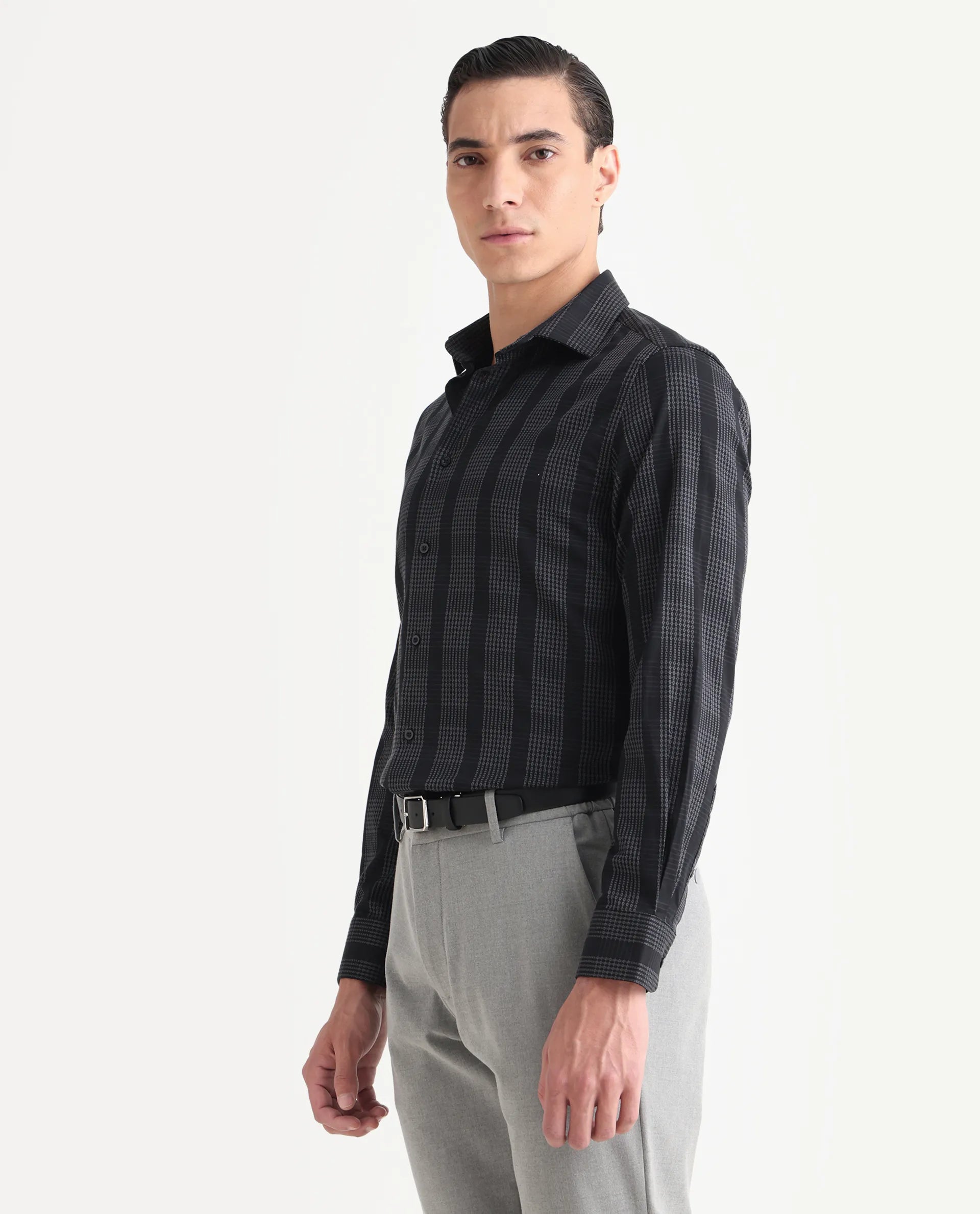 Rare Rabbit Men's Villum-25 Black Cotton Fabric Full Sleeve Collared Neck Regular Fit Striped Shirt