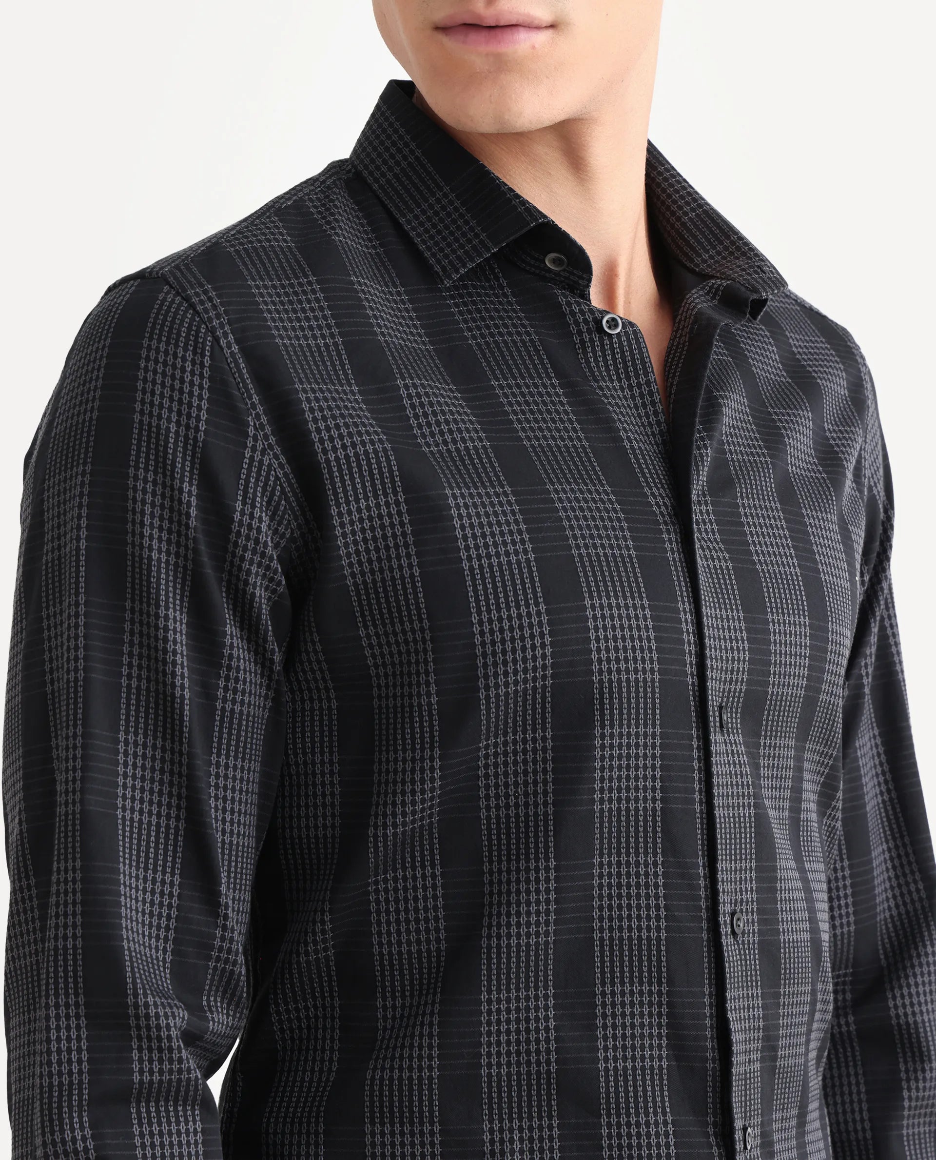 Rare Rabbit Men's Villum-25 Black Cotton Fabric Full Sleeve Collared Neck Regular Fit Striped Shirt