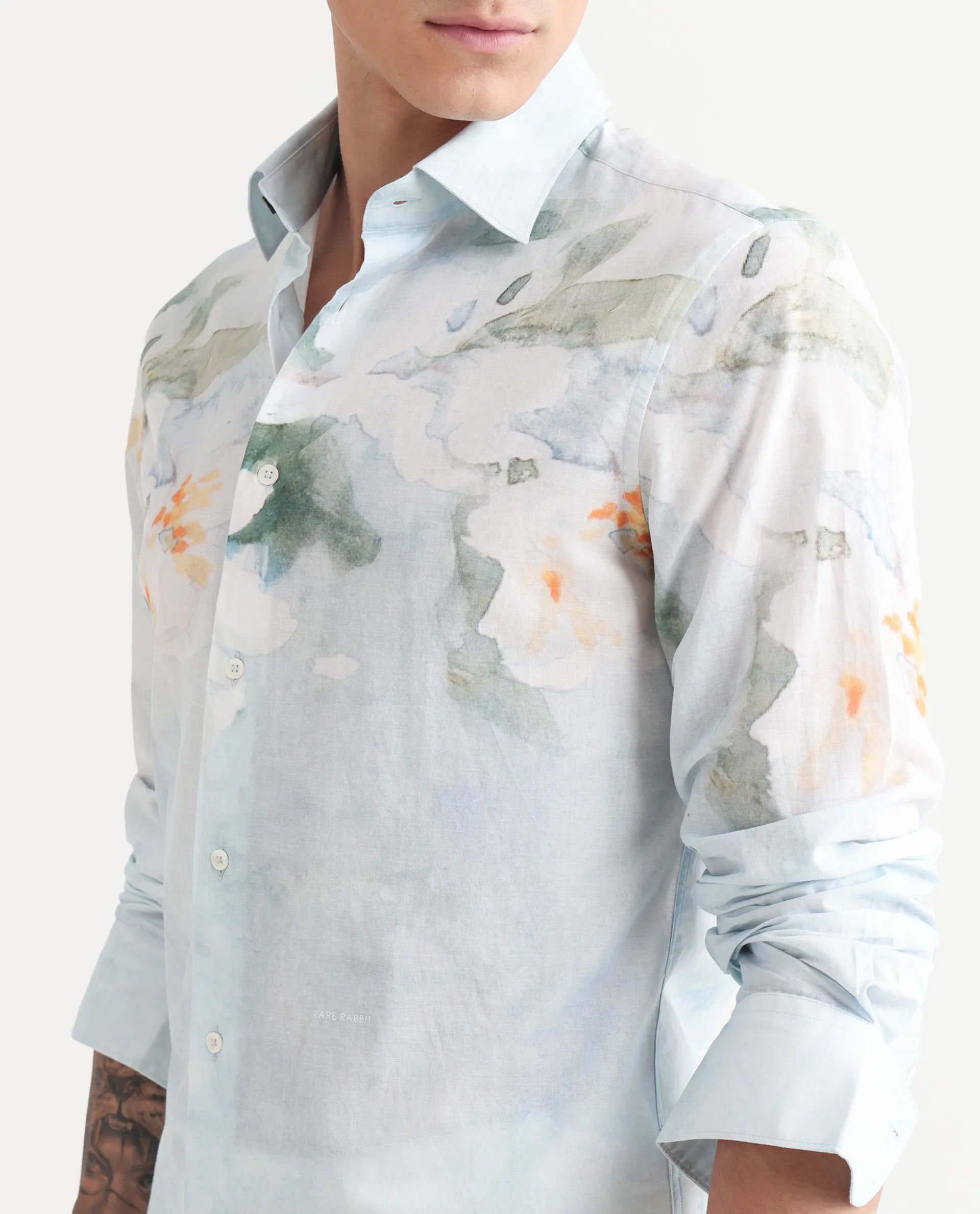 Rare Rabbit Men's Bepa-25 Light Blue Cotton Blend Floral Print Regular Fit Full Sleeve Collared Shirt