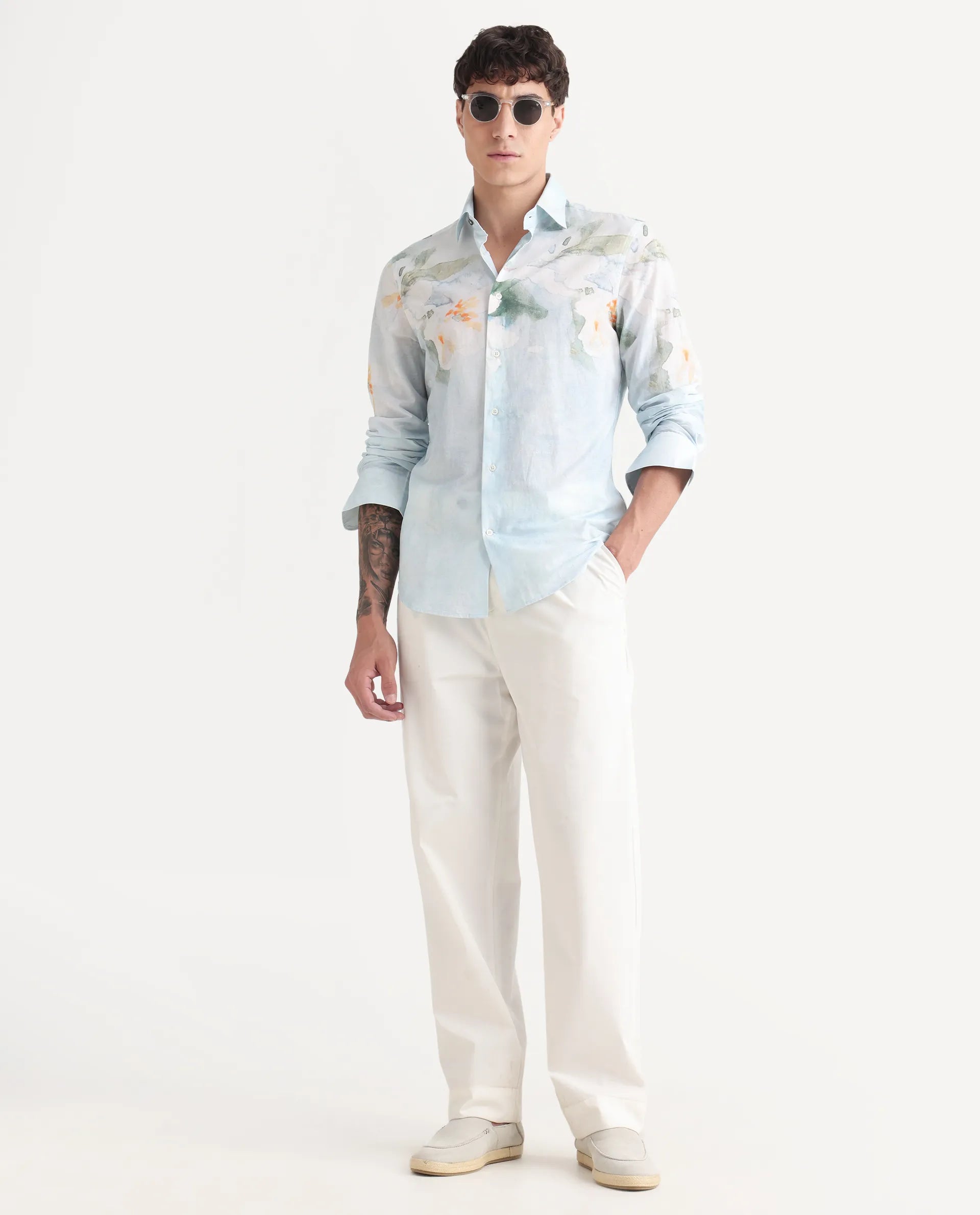 Rare Rabbit Men's Bepa-25 Light Blue Cotton Blend Floral Print Regular Fit Full Sleeve Collared Shirt