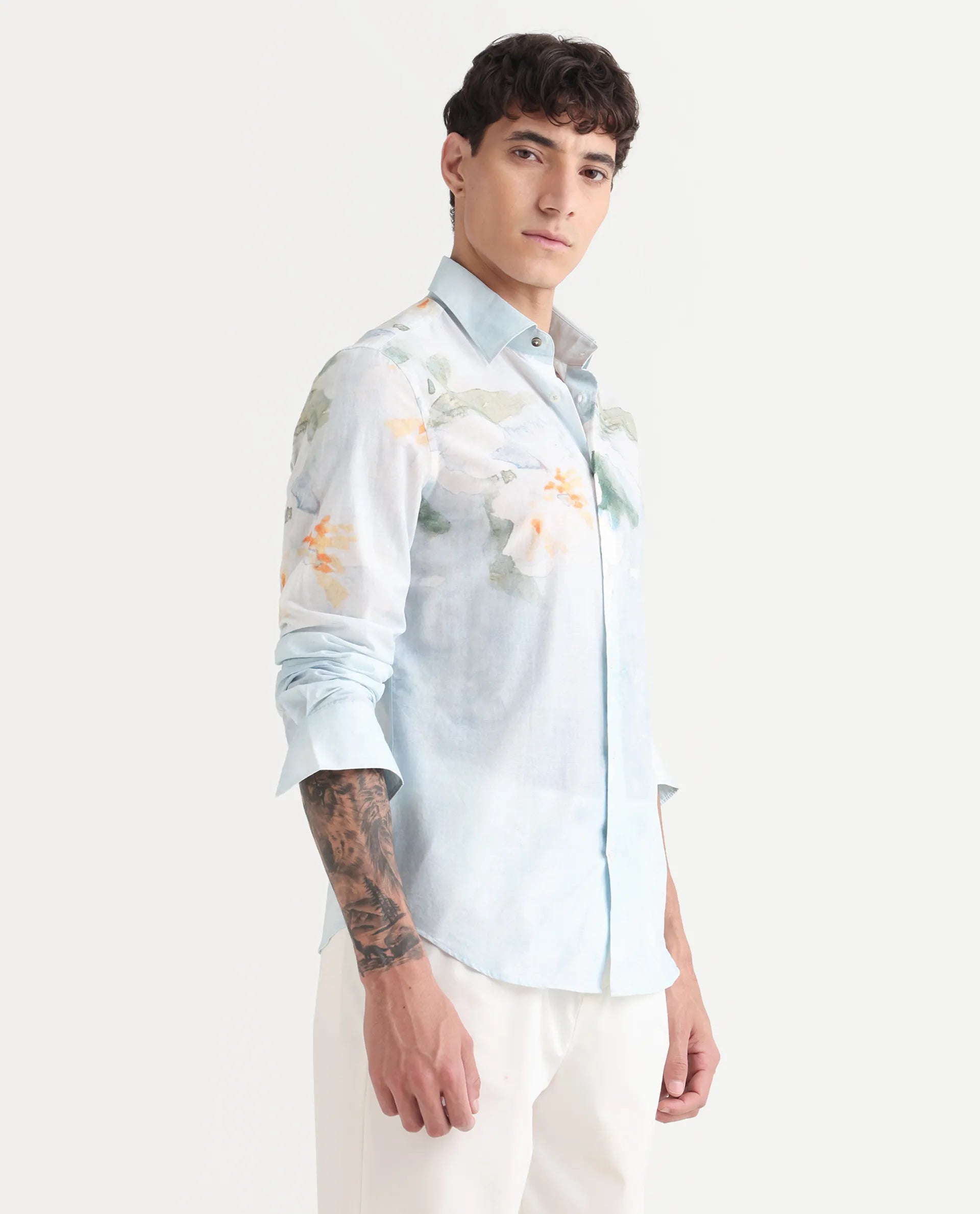Rare Rabbit Men's Bepa-25 Light Blue Cotton Blend Floral Print Regular Fit Full Sleeve Collared Shirt