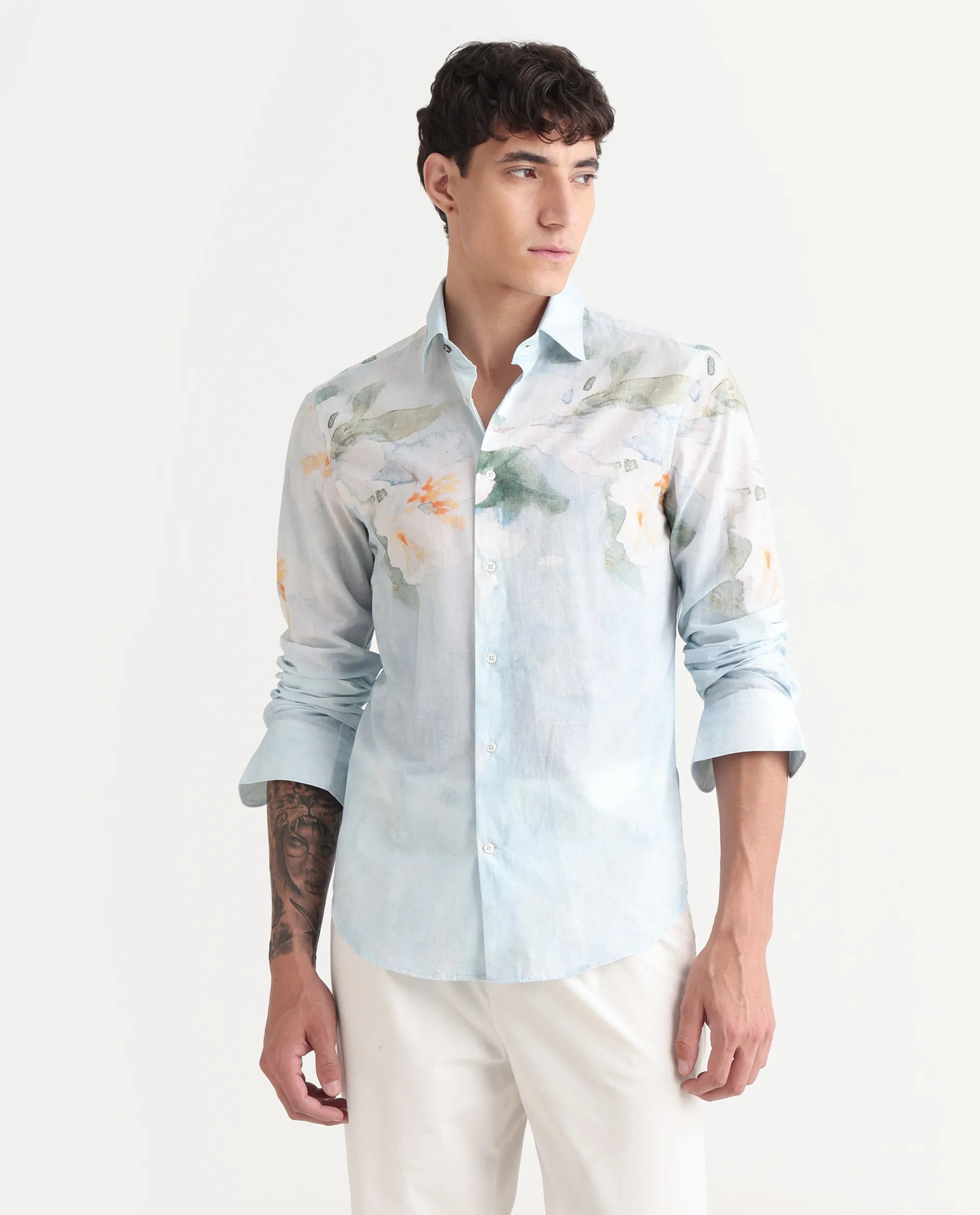 Rare Rabbit Men's Bepa-25 Light Blue Cotton Blend Floral Print Regular Fit Full Sleeve Collared Shirt